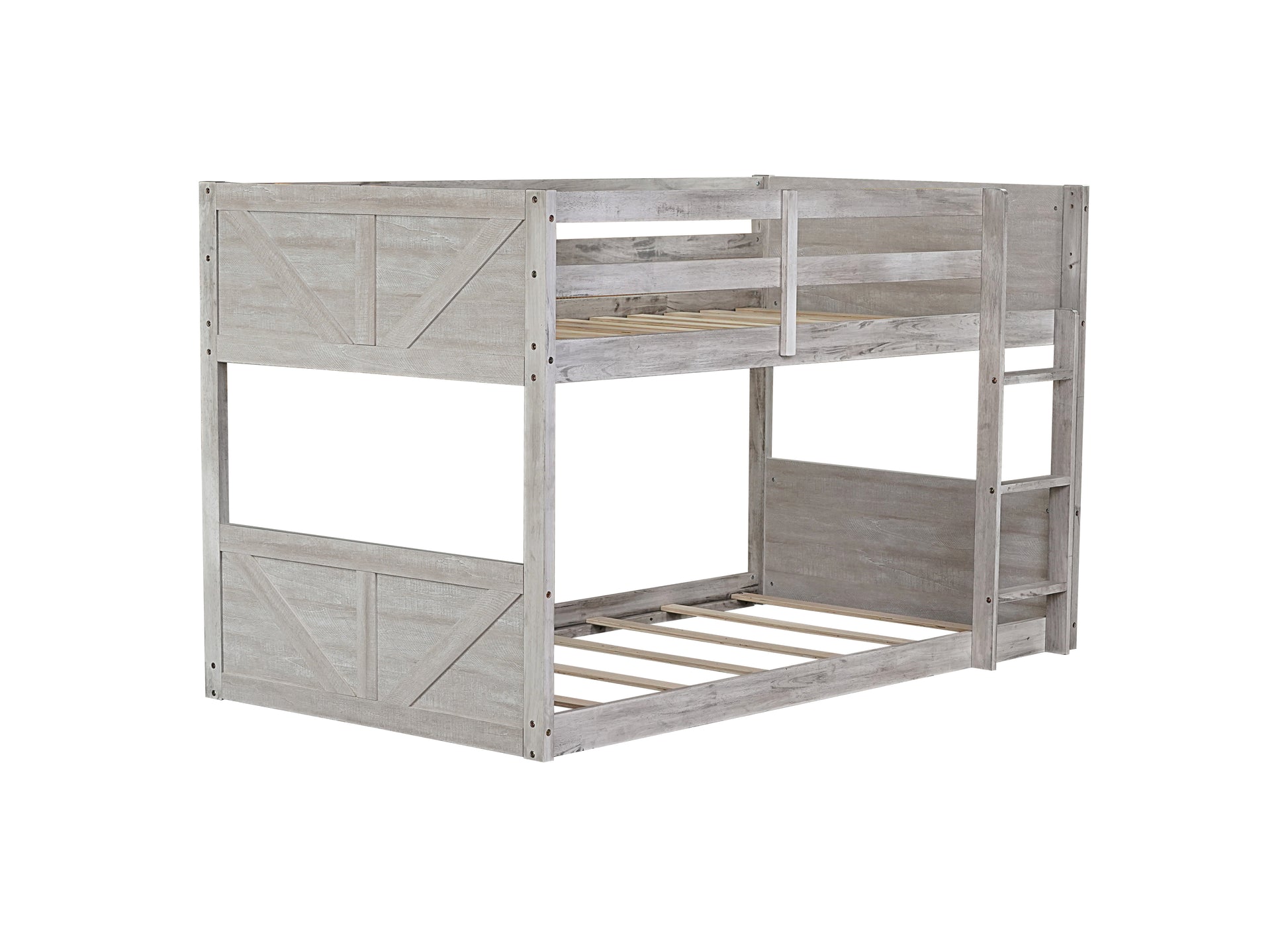 Twin Over Twin Floor Bunk Bed With Panelled Headboard And Footboard, Solid Rubber Wood Foundation With Safety Guardrails, Built In Ladder,Antique White Twin Antique White Rubber Wood