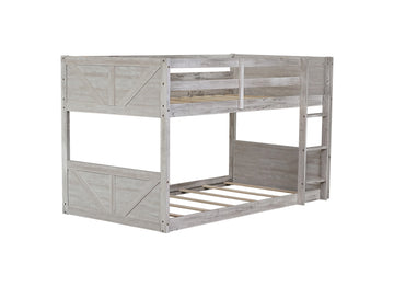Twin Over Twin Floor Bunk Bed With Panelled Headboard And Footboard, Solid Rubber Wood Foundation With Safety Guardrails, Built In Ladder,Antique White Twin Antique White Rubber Wood