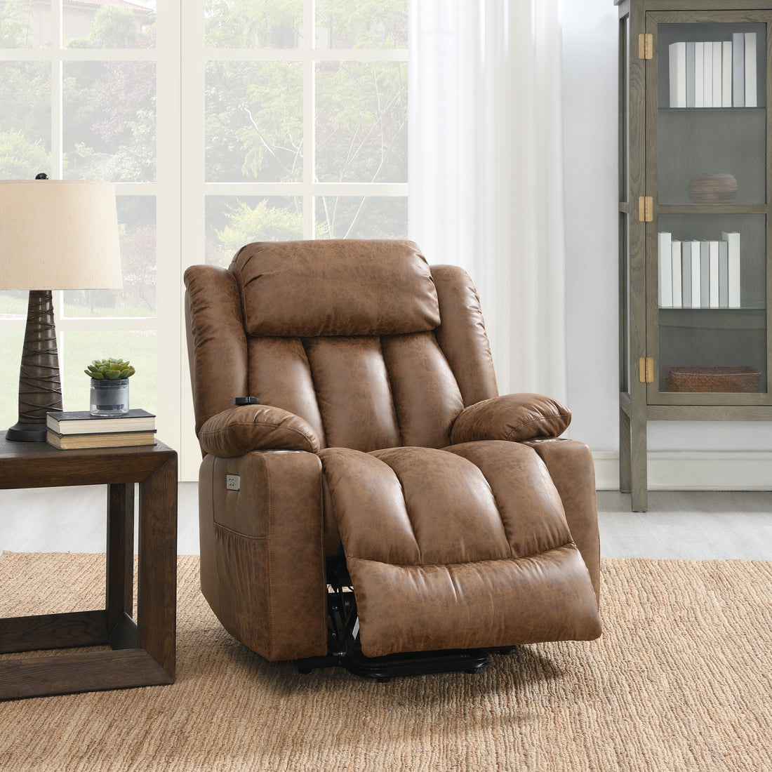 Brown Power Lift Recliner With Massage And Heating Brown Faux Leather Power Remote Metal Primary Living Space Tight Back Push Button Pillow Top Arms Faux Leather