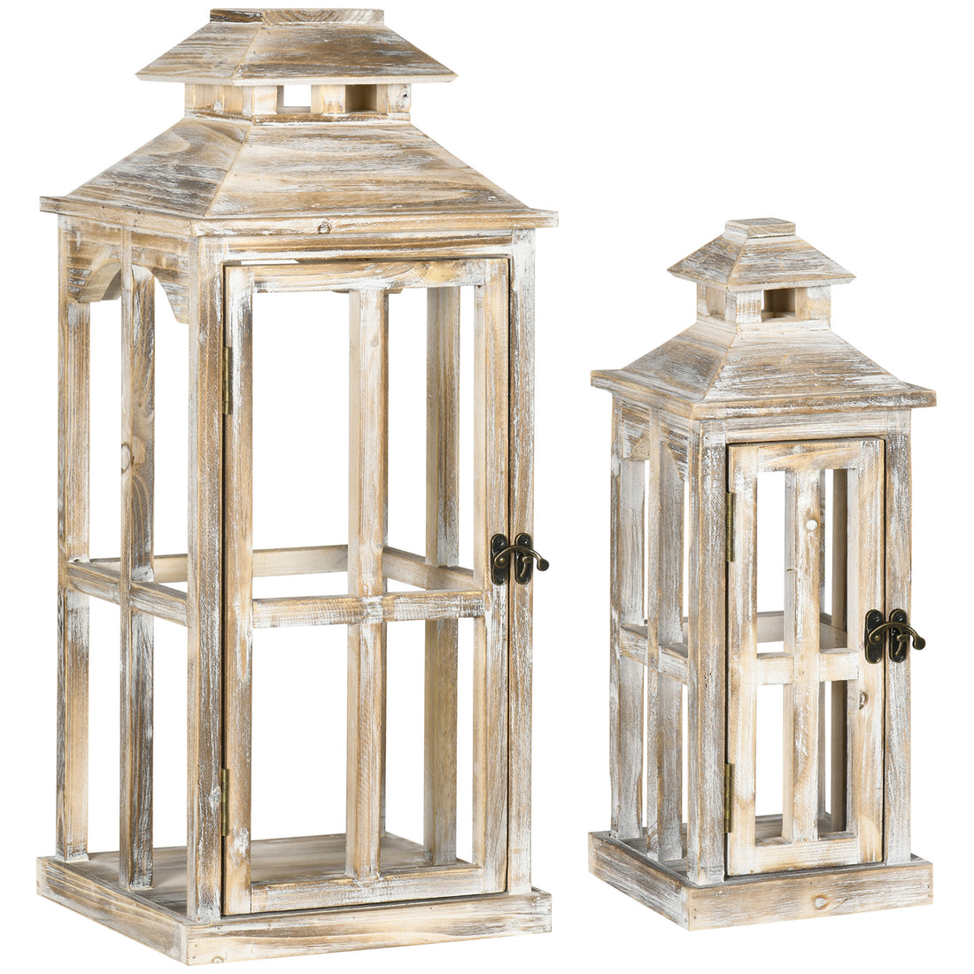 Homcom 2 Pack 28" 20" Large Rustic Wooden Lantern Decorative, Indoor Outdoor Lantern For Home D Cor No Glass , Natural Natural Wood Wood