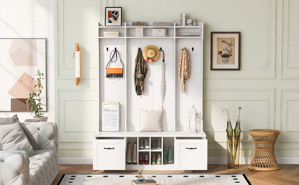 5 In 1 Entryway Bench With Coat Rack, 7 Sturdy Hooks, 2 Spacious Drawers And Adjustable Shelves, 58.8'' Wide Hall Tree With Metal Handles For Hallway, Entryway, Living Room White Mdf