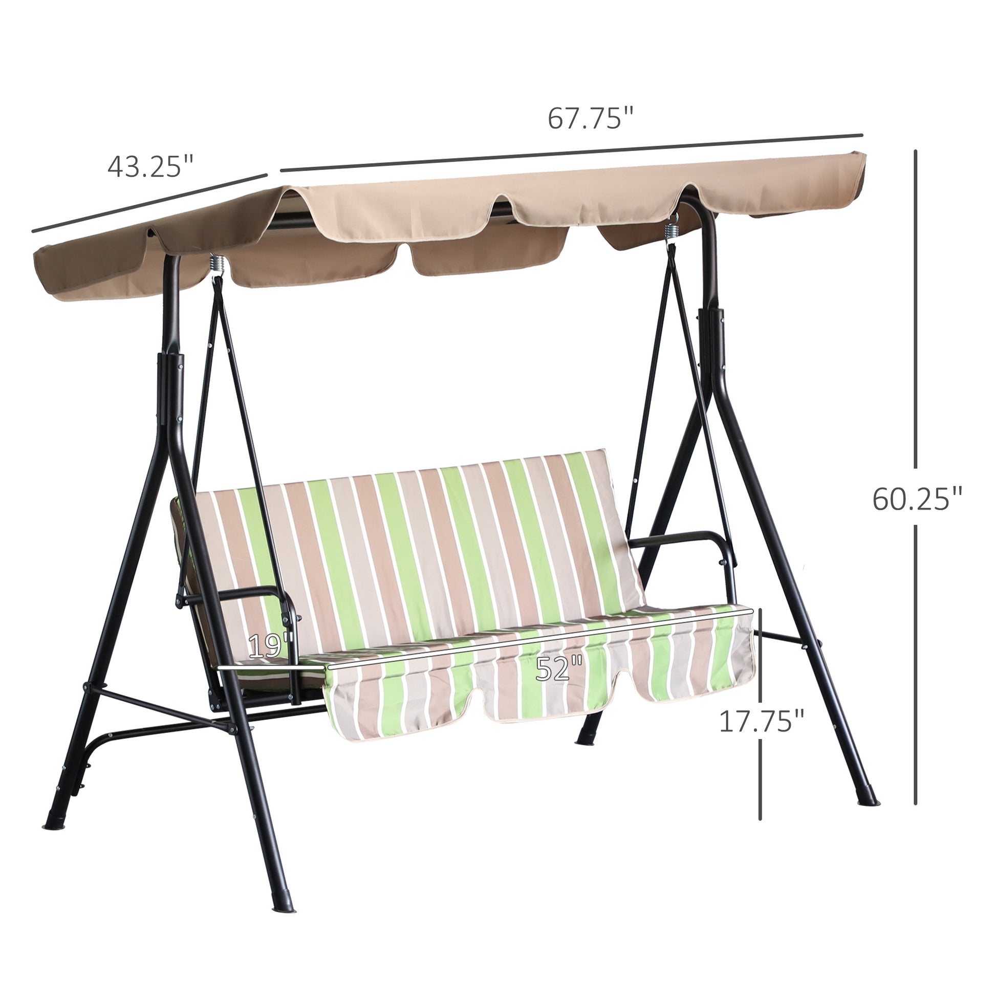 Outsunny 3 Seat Outdoor Patio Swing Chair With Removable Cushion, Steel Frame Stand And Adjustable Tilt Canopy For Patio, Garden, Poolside, Balcony, Backyard, Multi Color Multicolor Steel