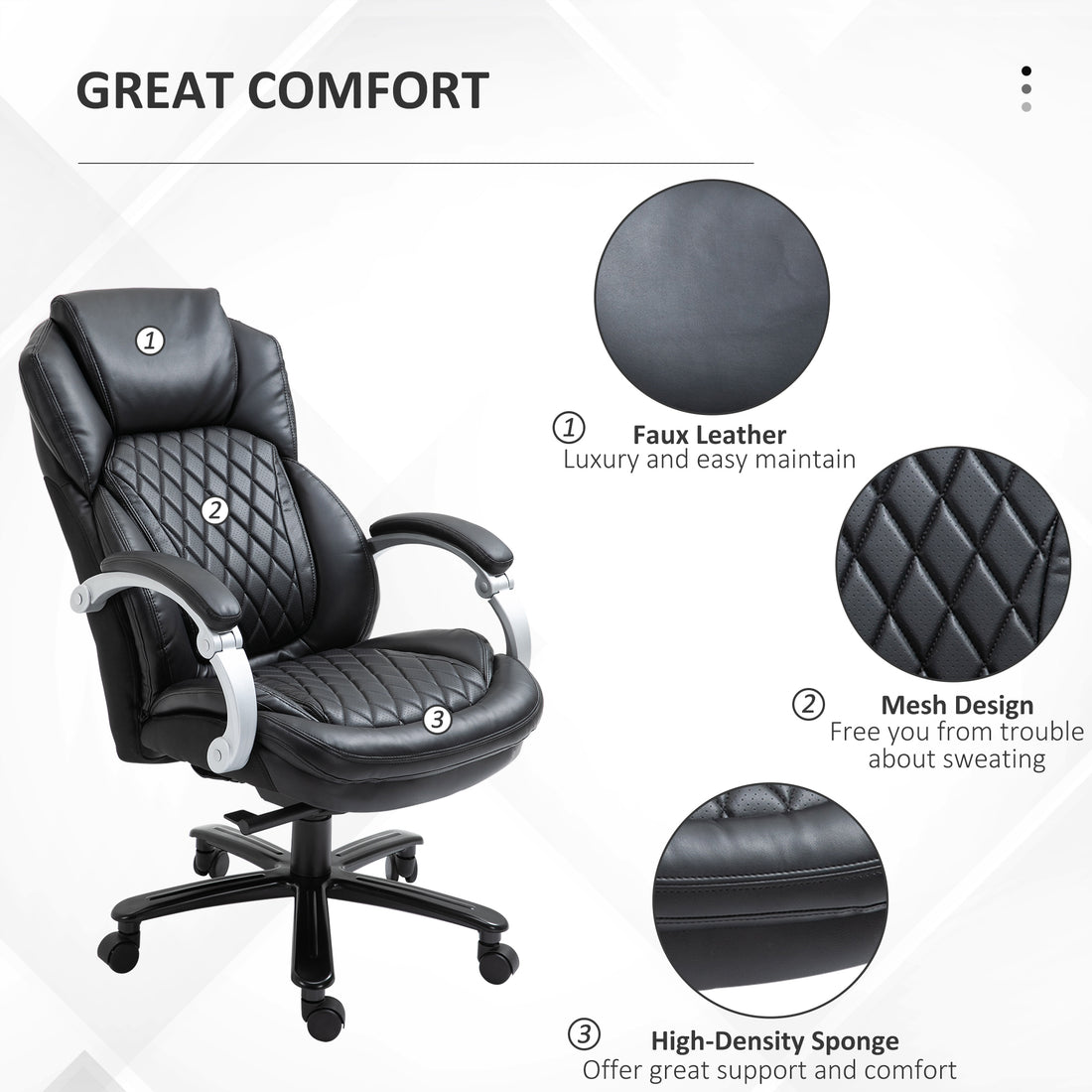 Vinsetto Big And Tall Executive Office Chair With Wide Seat, Computer Desk Chair With High Back Diamond Stitching, Adjustable Height & Swivel Wheels, Black Black Pu Leather