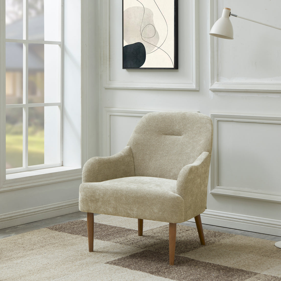 Chenille Armchair, Modern Style Accent Chair With Wood Legs, Comfy Design For Living Room, Bedroom, Office, Light Grey Gray Foam Wood Fabric