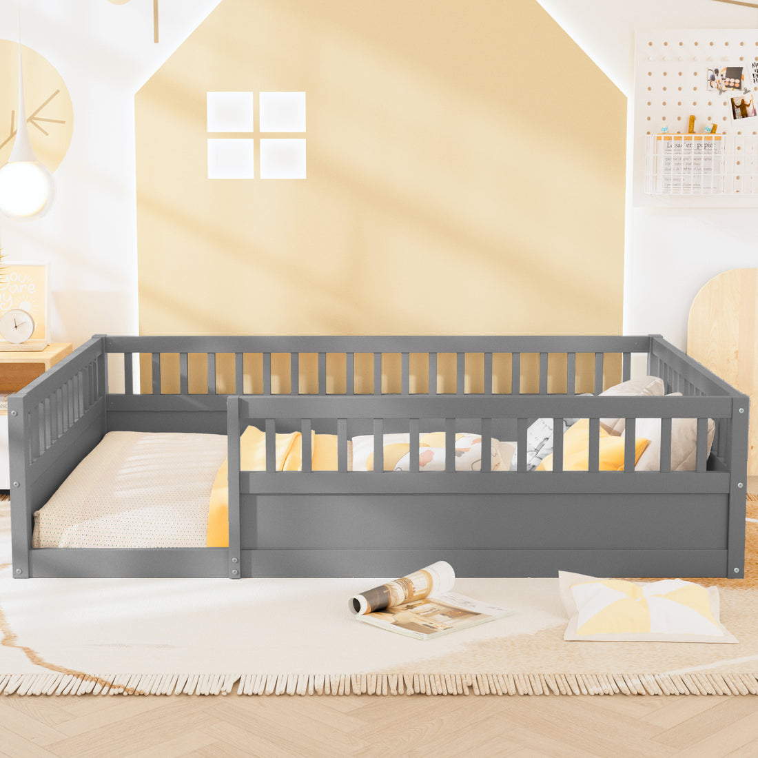 Full Floor Bed Frame With Fence, Wood Kids Floor Beds Frame For Bedroom Playroom,Gray Expect Arrive Date Jul. 10Th Full Grey Pine