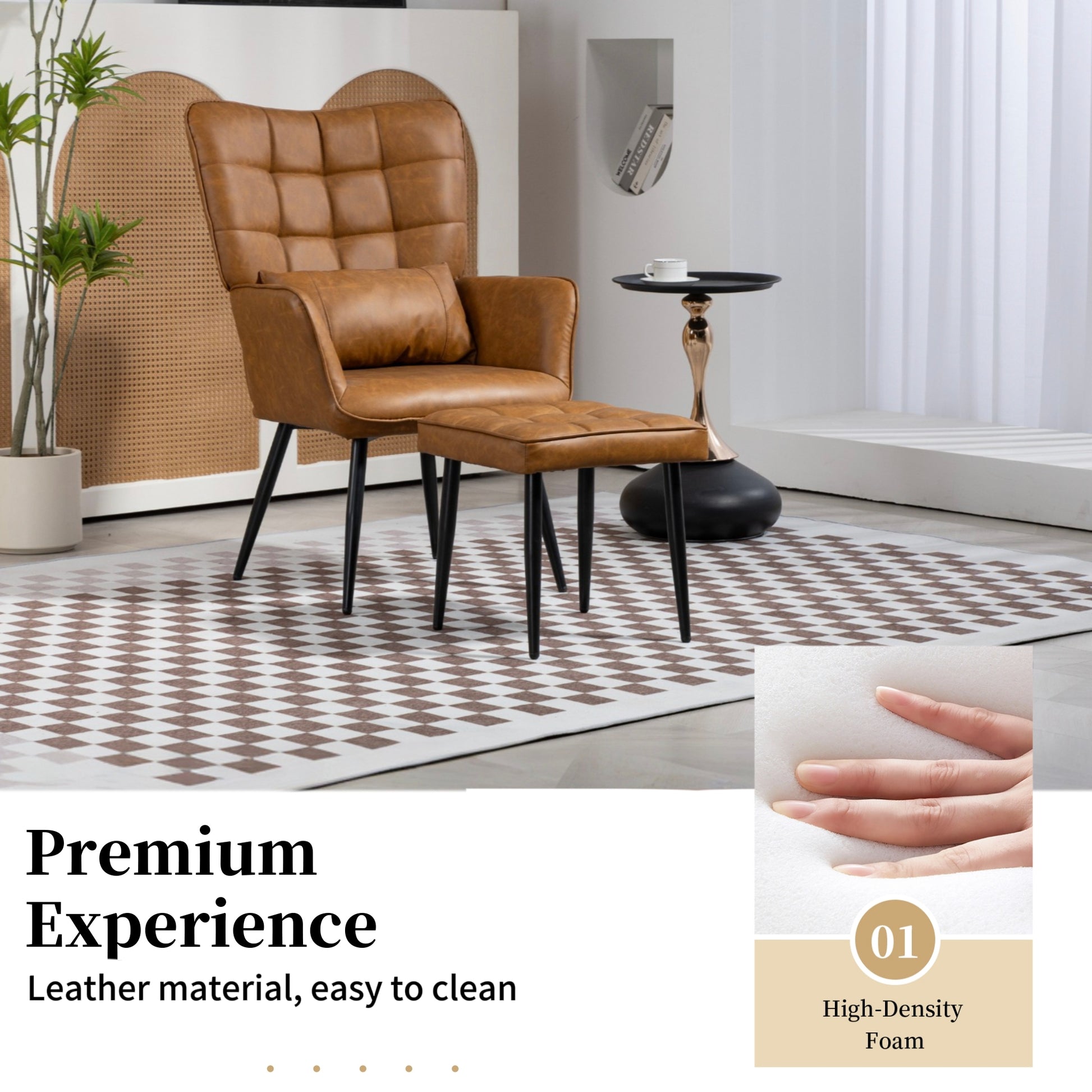 Pu Leather Accent Chair, Upholstered High Backrest Arm Chair With Solid Metal Legs, Tufted Button Design Reading Chair, Sofa Chair For Bedroom, Living Room, Office, Brown Brown Bedroom Casual Foam Pu Leather