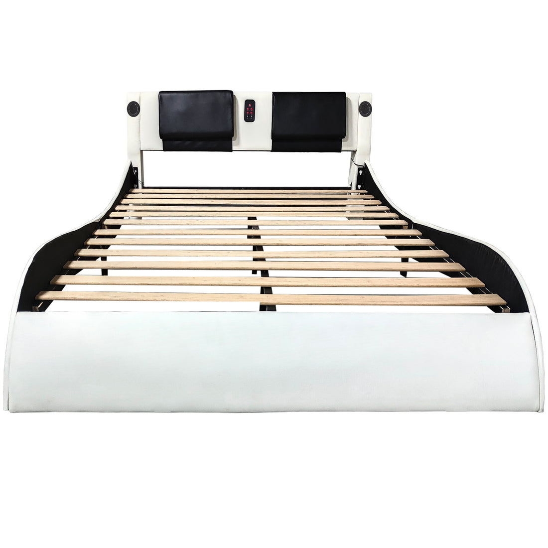 Faux Leather Upholstered Platform Bed Frame With Led Lighting, Bluetooth Connection To Play Music Control, Backrest Vibration Massage, Curve Design, Wood Slat Support, Exhibited Speakers,King Size Box Spring Not Required King White Mdf