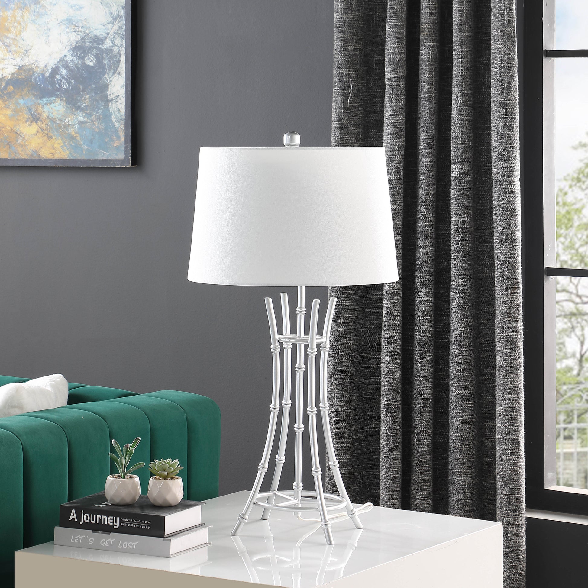 29.25" In Kiara Modern Satin Silver Bamboo Metal Table Lamp Silver White Fabric Metal