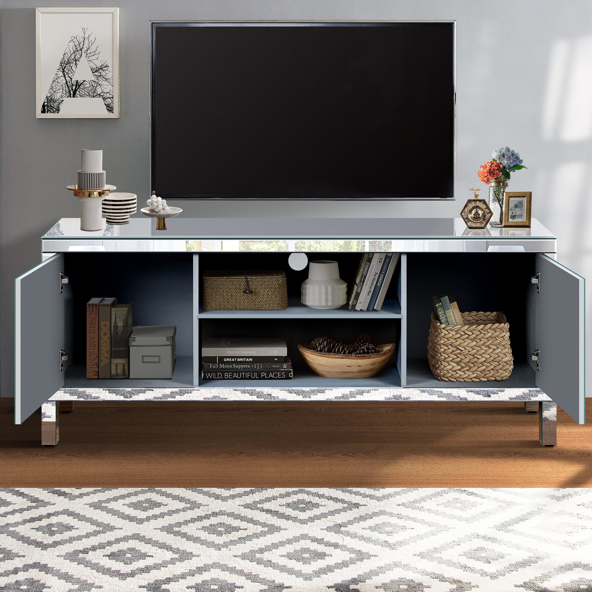 Mirrored Tv Stand For 65 Inch Tv,Sliver Tv Console Table With Open Storage & 2 Storage Cabinets ,M Shape Sparkling Mirror Doors For Living Room 59''W X 25.2''H X 15.7D 1 2 Shelves Mirrored Silver