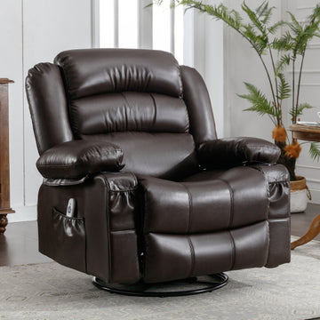 Massage Swivel Rocker Recliner Chair With Vibration Massage And Heat Ergonomic Lounge Chair For Living Room With Rocking Function And Side Pocket 2 Cup Holders Usb Charge Port Brown Faux Leather Manual Handle Metal Soft Heavy Duty Push Button Foam Pu