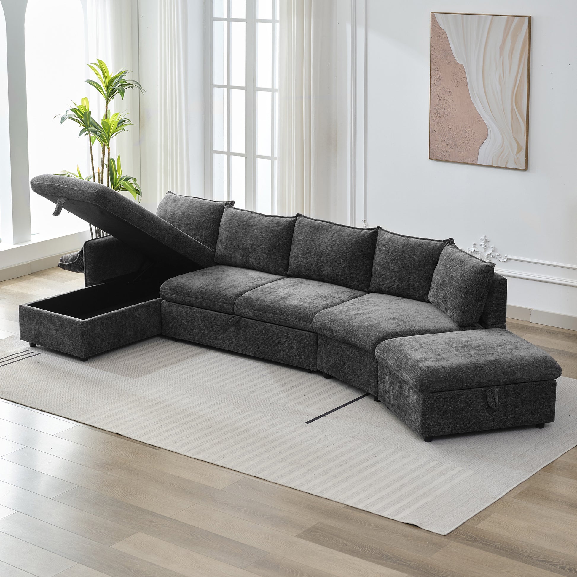 146.9" L Shaped Sofa Sectional Sofa Couch Pull Out Sofa Bed With A Movable Storage Ottoman, A Storage Chaise Lounge And Two Usb Ports For Living Room, Grey Grey Foam Linen 5 Seat