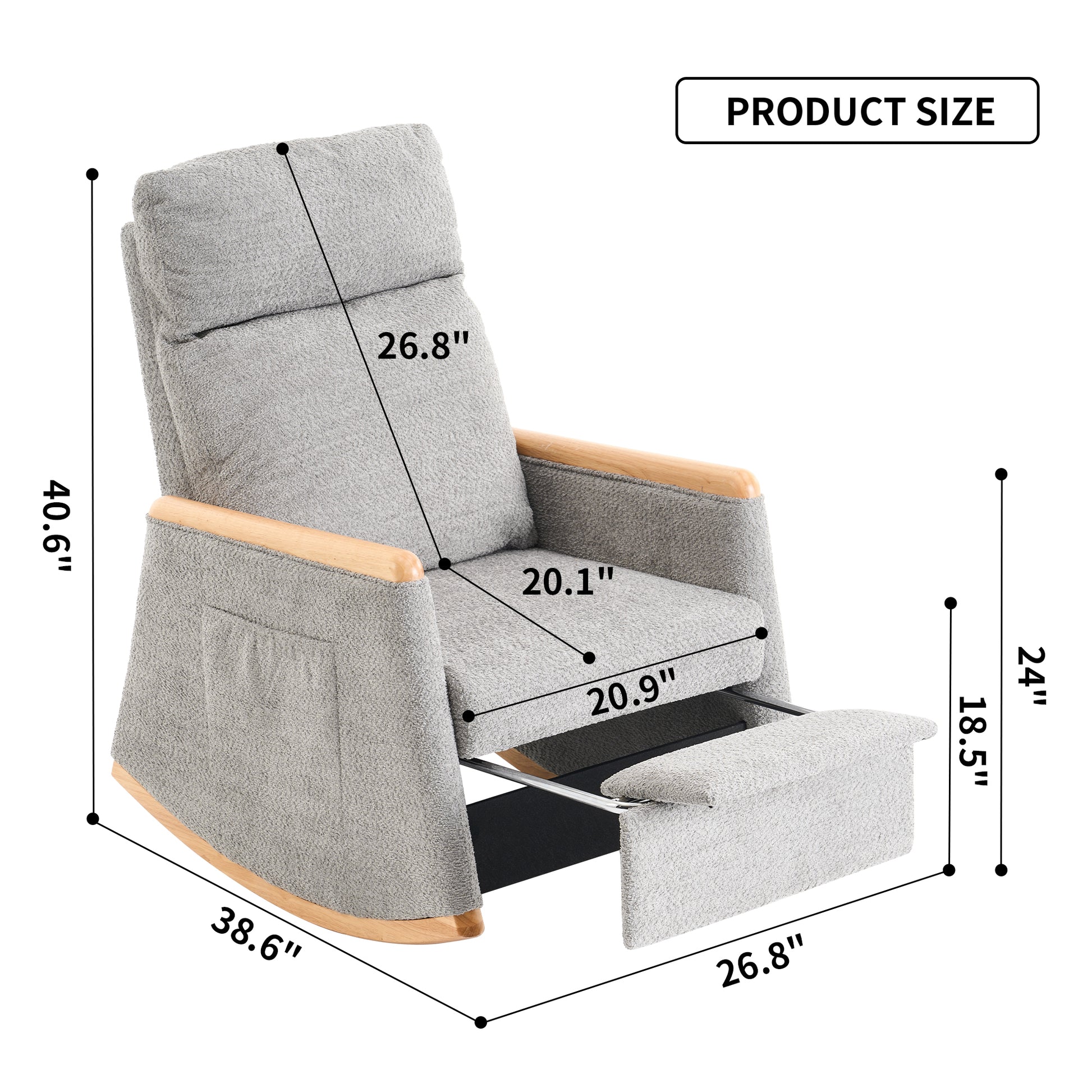 Accent Rocking Chair With Footrest High Back Rubber Wood Rocking Legs Bedroom Living Space 38.6D X 26.8W X 40.6H Inch Grey Rubber Wood