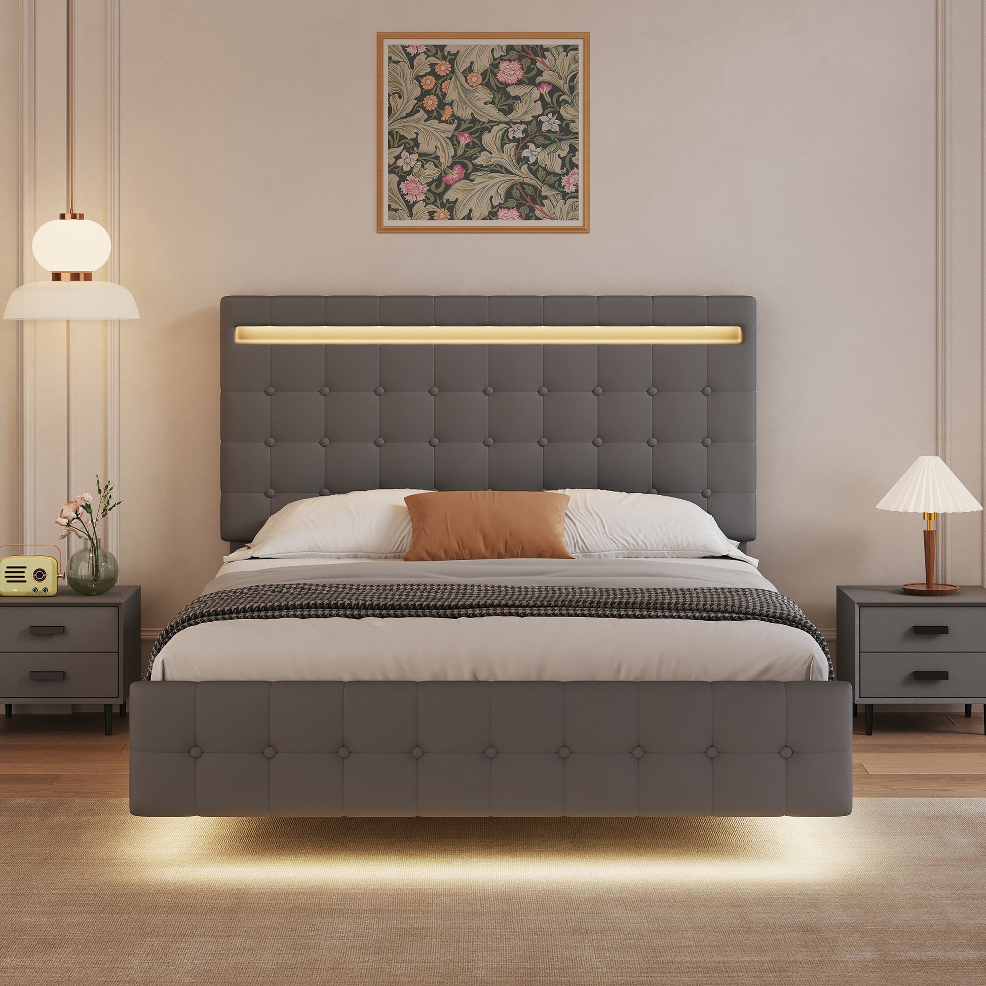 Floating Bed Frame Queen Size With Led Lights, Upholstered Headboard And Footboard Platform Bed, Wood Slats Support Easy Assembly,Plush Velvet Dark Grey Box Spring Not Required Queen Dark Grey Wood Bedroom American Design Bed Frame Velvet Velvet