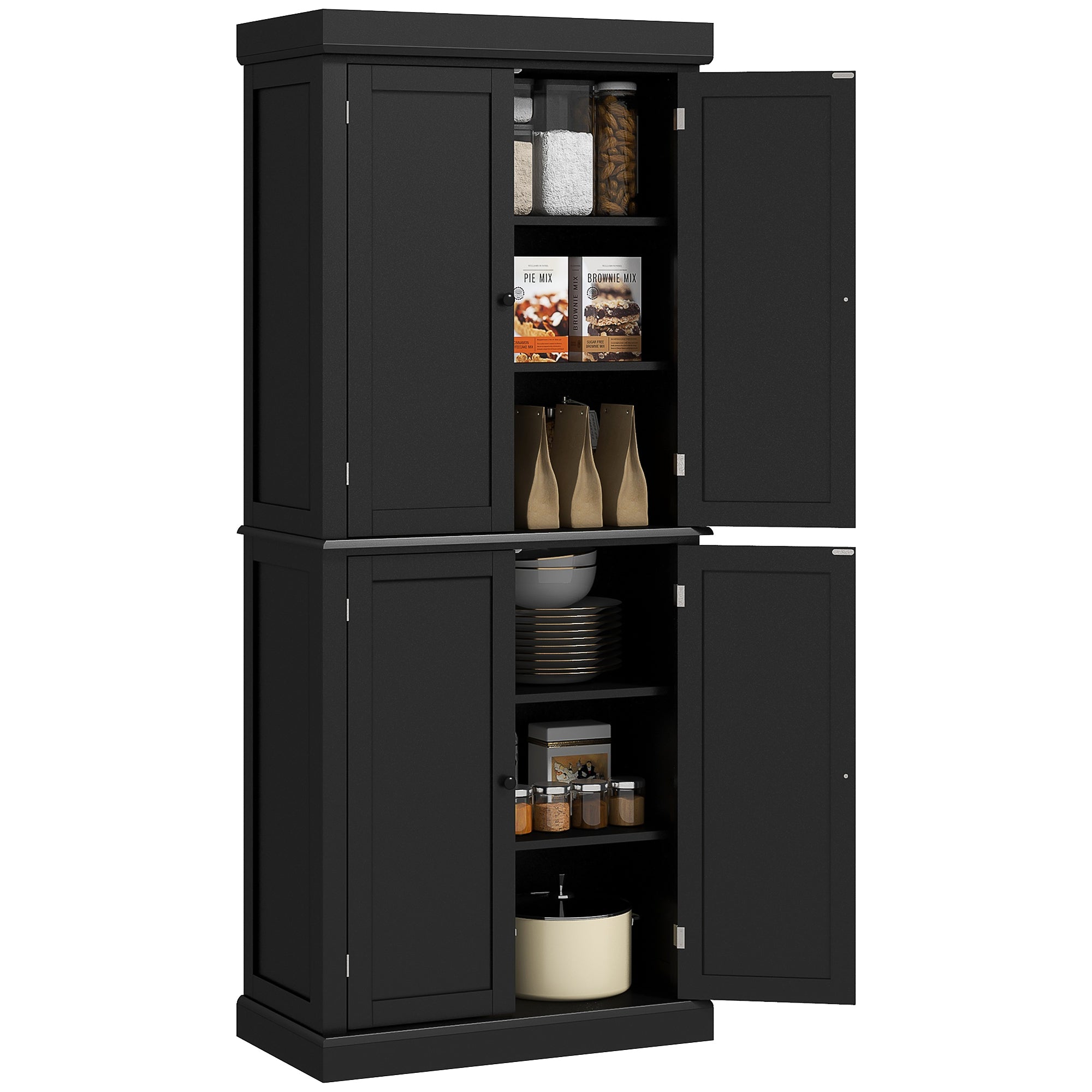 Homcom 72.5" Kitchen Pantry Storage Cabinet, Freestanding Kitchen Cupboard With 4 Doors And Adjustable Shelves For Dining Room, Mdf Black Black Mdf