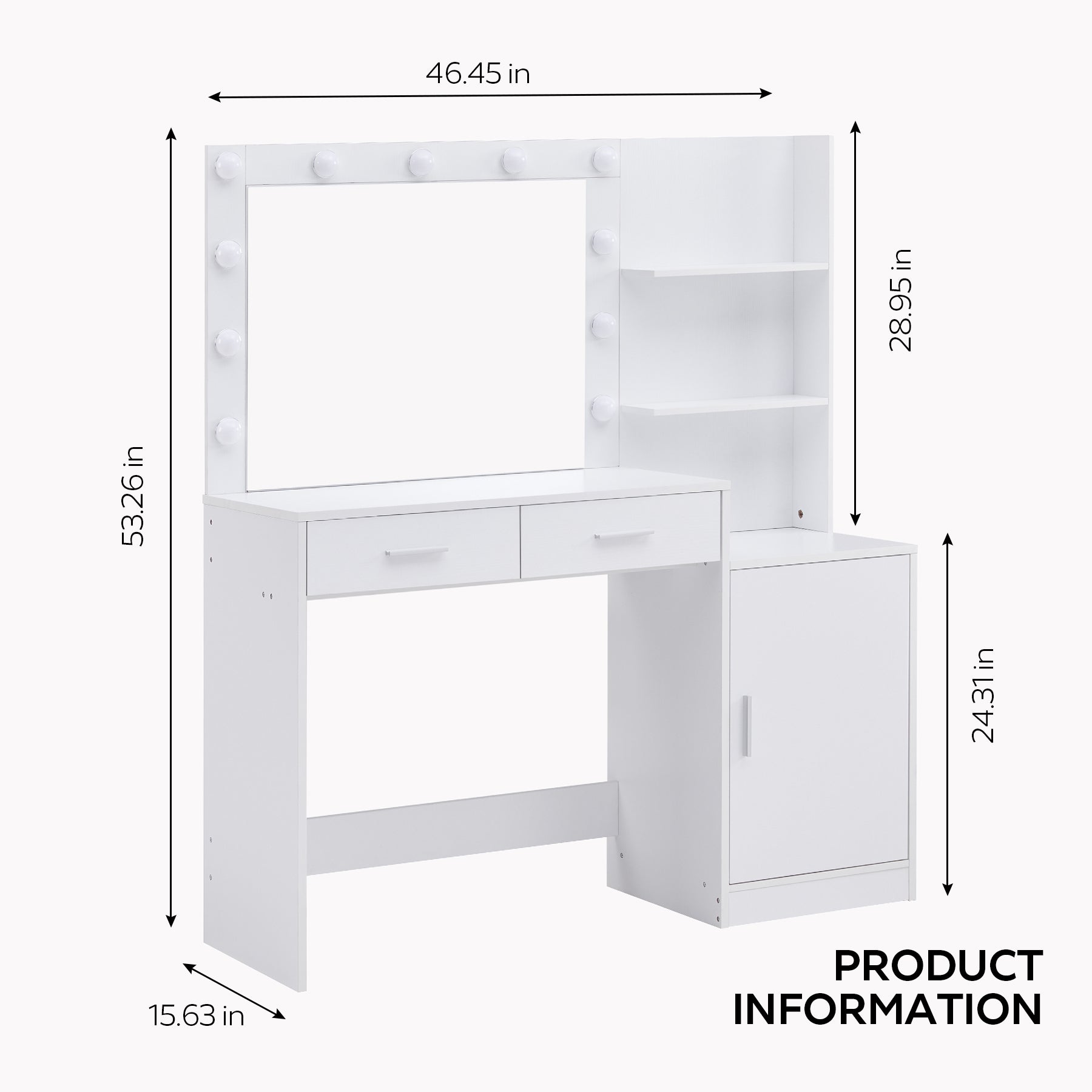 Vanity Desk With Mirror And Lights, 46.4In Dressing Table With 2 Large Drawer&Large Vertical Organizer, 3 Level Dresser & 3 Lighting Modes Adjustable Brightness, Suitable For Bedroom White White Particle Board