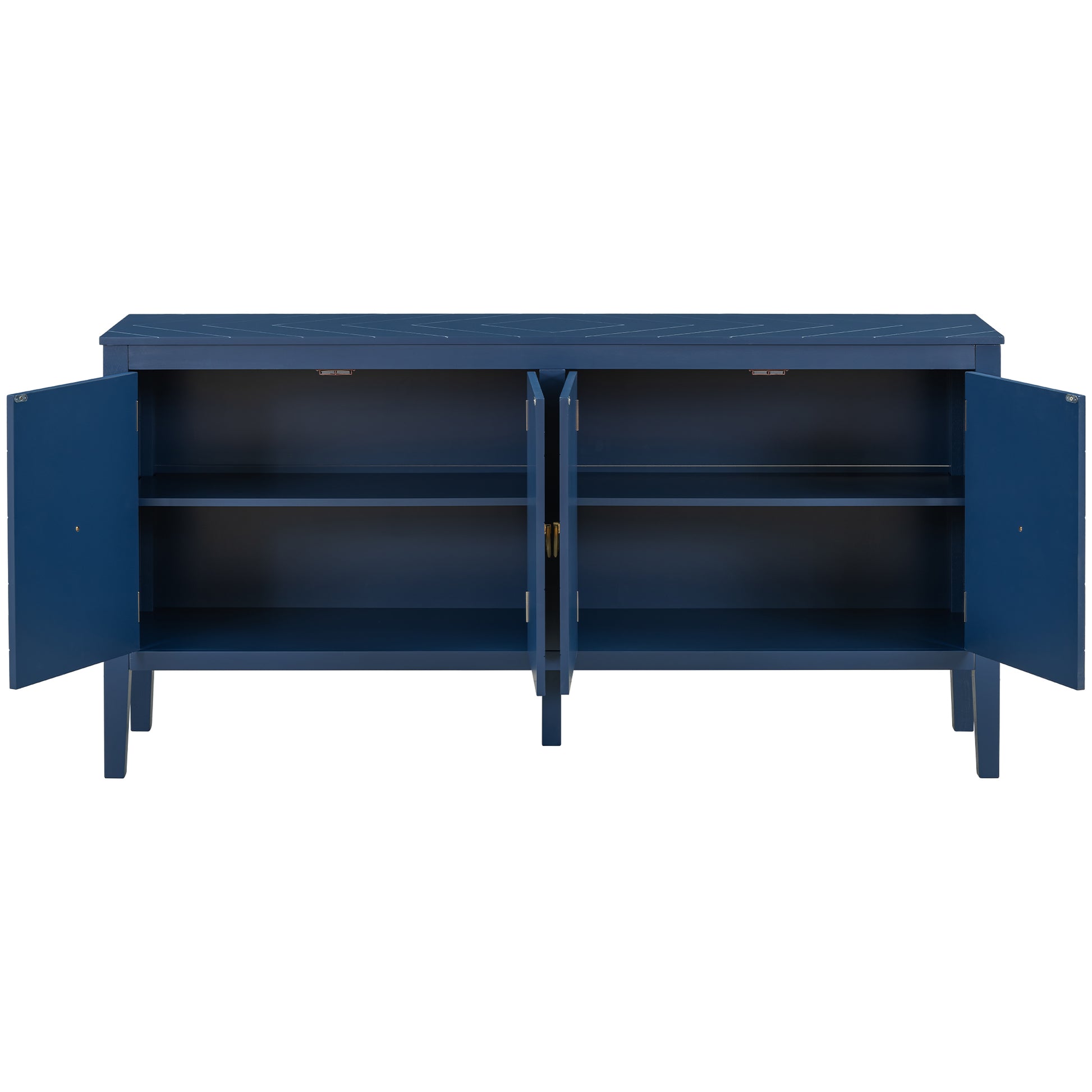 Four Door Sideboard With Geometric Line Patterns And Vintage Metal Handles For Timeless Elegance,Suitable For Living Rooms, Entrance And Study Rooms Navy Blue Primary Living Space American Design Mdf