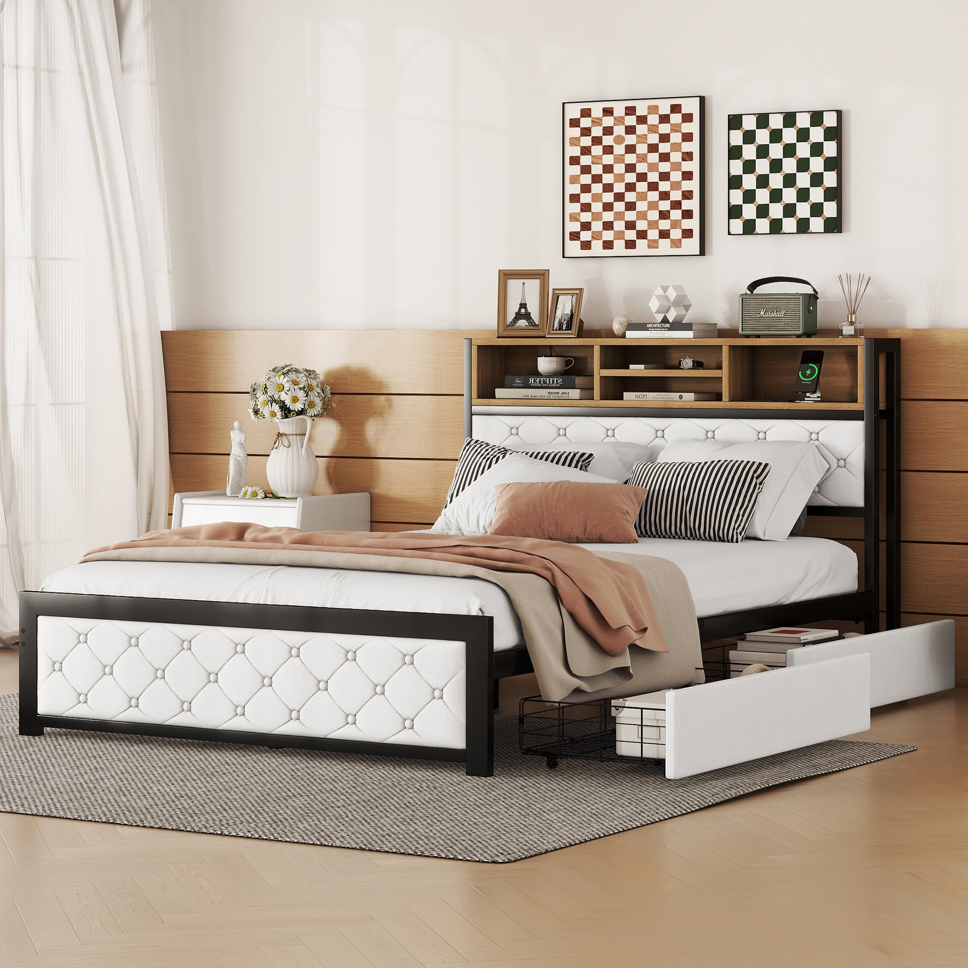 Metal Full Size Platform Bed With 4 Drawers, Upholstered Headboard And Footboard, Sockets And Usb Ports, White Full White Black Fabric Metal