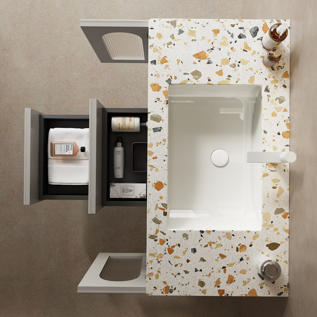 Bay 36" Bathroom Vanity With Sink, Modern Wall Mounted Floating Plywood Bathroom Storage Cabinet With 2 Drawers And 2 Doors, Terrazzo Counter Top And White Ceramic Basin With Sink Hole Cover And Drain Matte White Grayish Bathroom Modern,Scandinavian