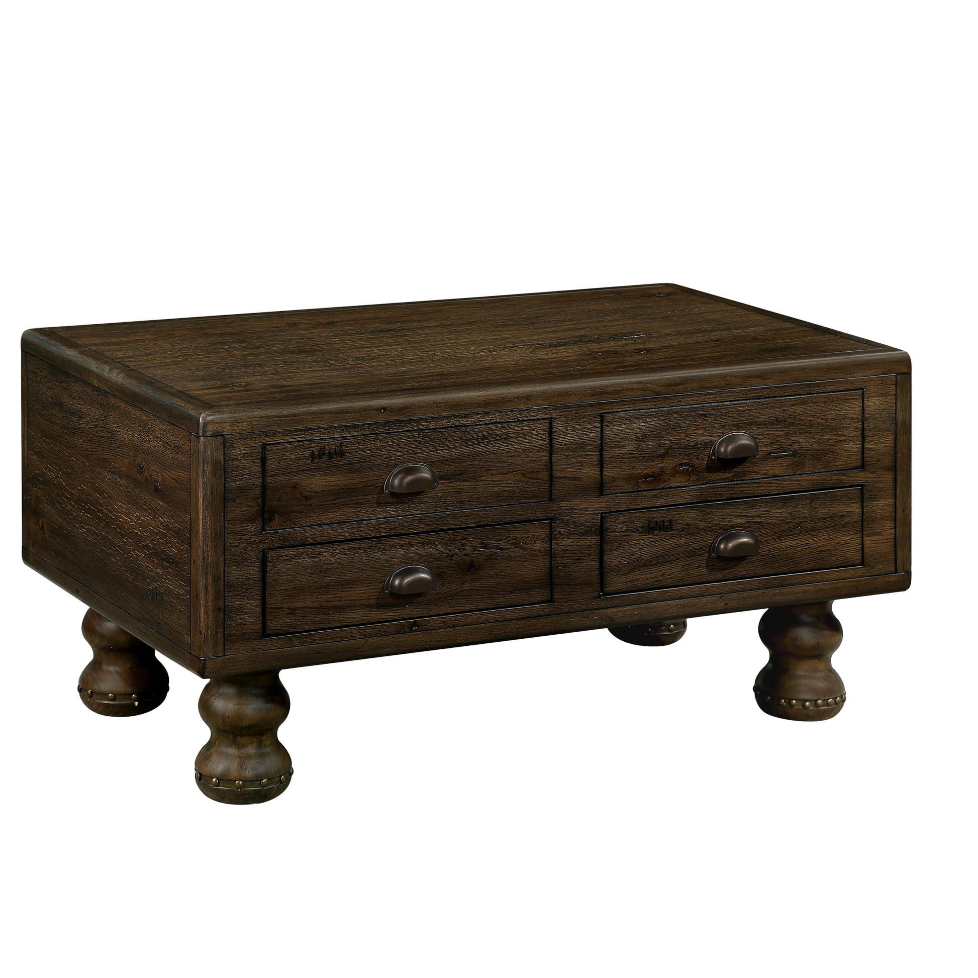 Solid Wood Rectangle Coffee Table For Living Room, 40 Inch Antique Coffee Table With 4 Drawers, Wood Center Table Tea Table With Rivet Decoration Legs.Easy Assembly, Espresso Espresso Pine
