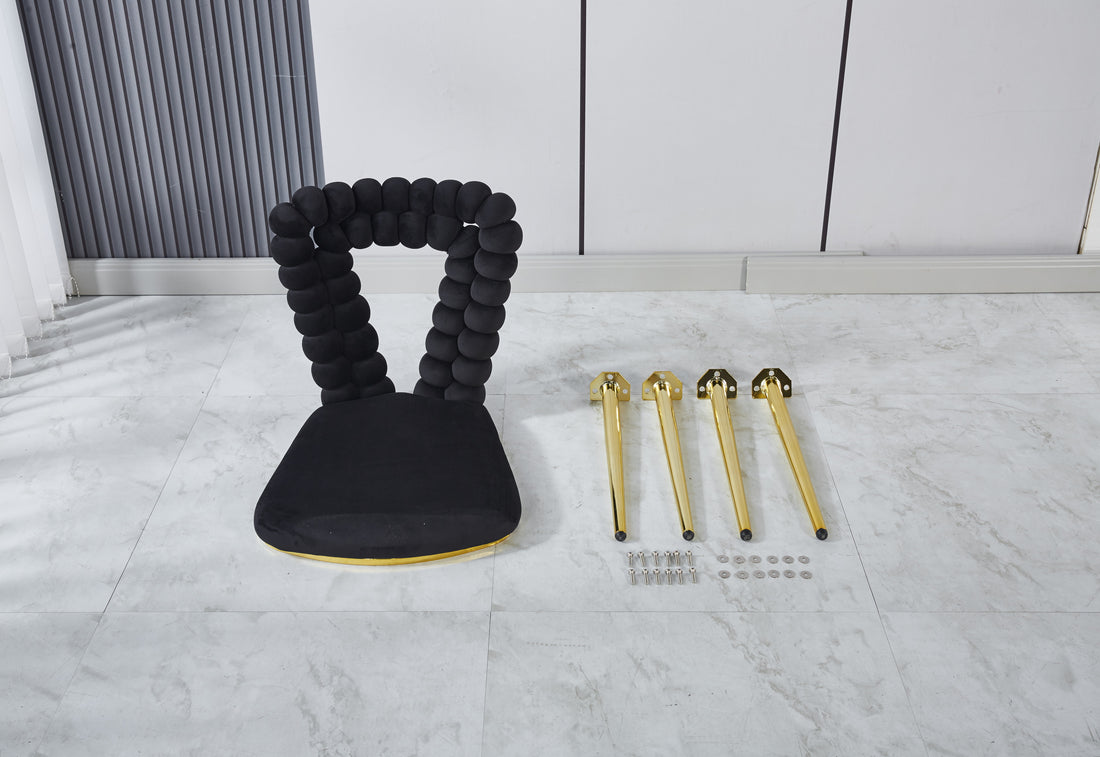 Modern Chair Set Of 2 With Golden Color Iron Tube Legs, Black Soft Cushions And Comfortable Backrest, Suitable For Dining Room, Living Room, Cafe,Hairball Back Gold Black Fabric