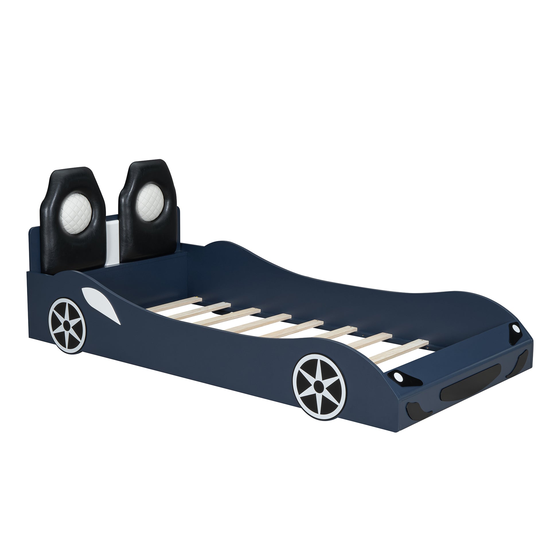 Wood Twin Size Race Car Shaped Platform Bed With Led And Upholstered Backrest, Blue Box Spring Not Required Twin Blue Wood Faux Leather,Solid Wood Mdf