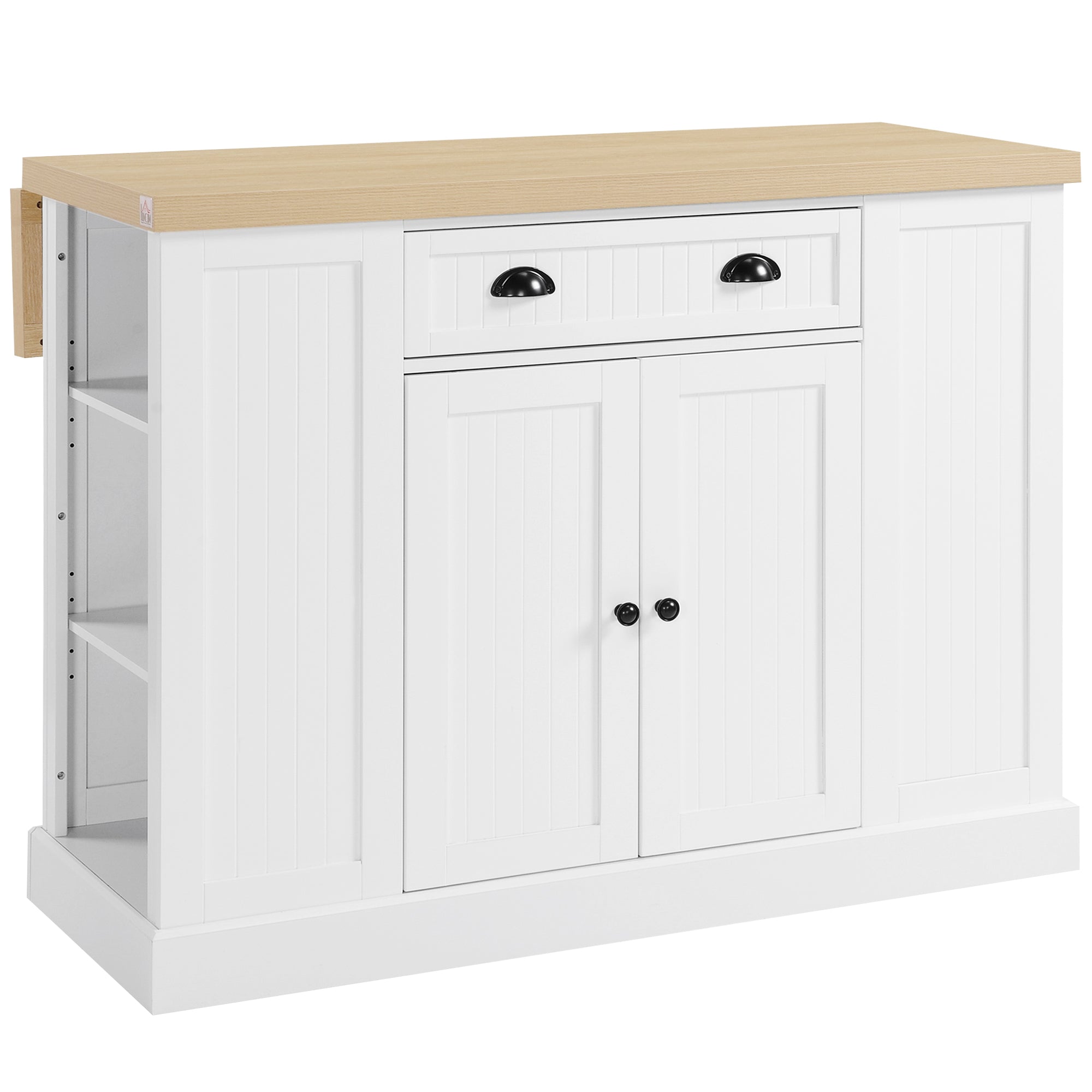 Homcom 47" Fluted Style Wooden Kitchen Island, Kitchen Countertop Storage Cabinet With Drop Leaf, Drawer, Open Shelves, Storage, White White Mdf