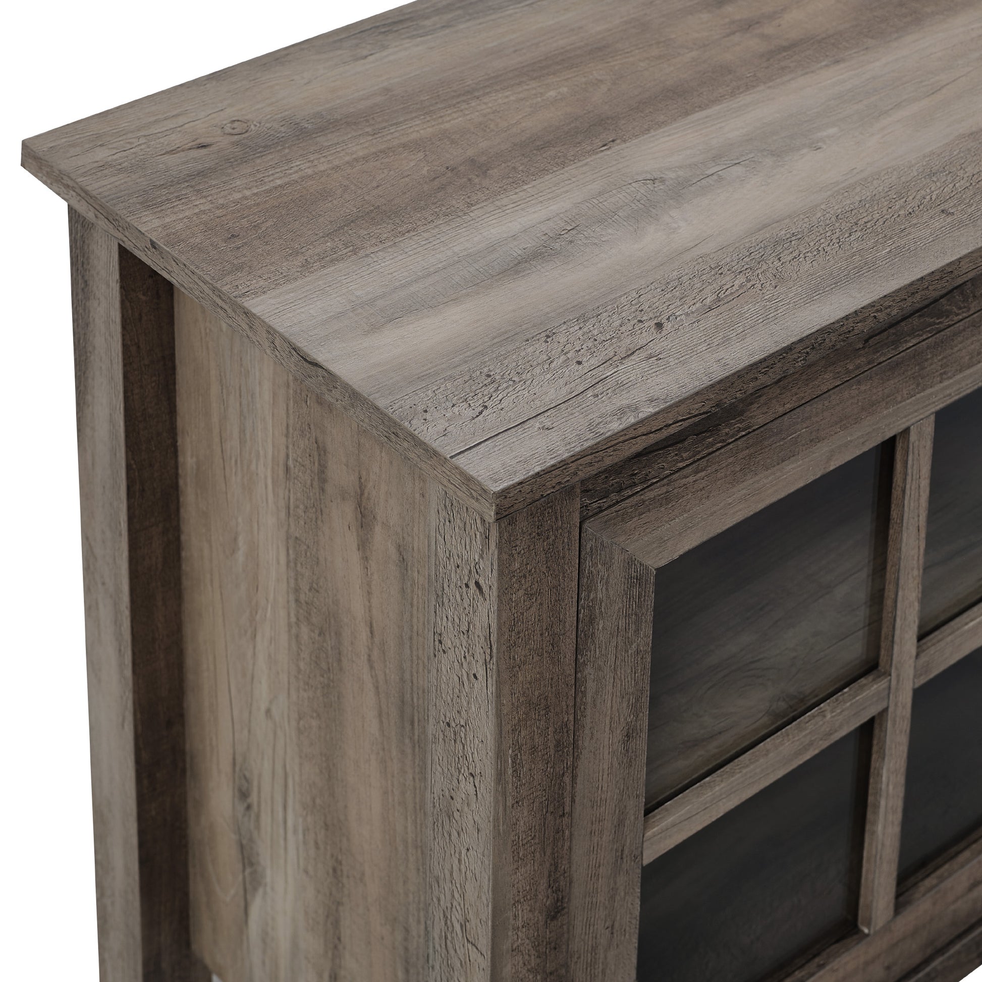 Modern Farmhouse 2 Door Glass Windowpane 70" Tv Stand For 80" Tvs Grey Wash Gray Wash Mdf