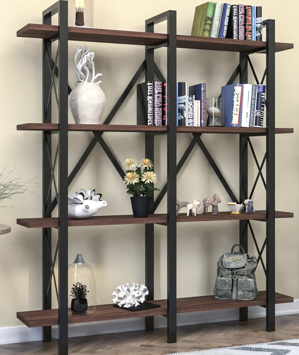 Cunda 5 Tier Bookcase, Metal Frame Wood Base Bookshelf, Walnut 5 Walnut Brown Standard Vertical Open Back Metal Contemporary Stackable Wood