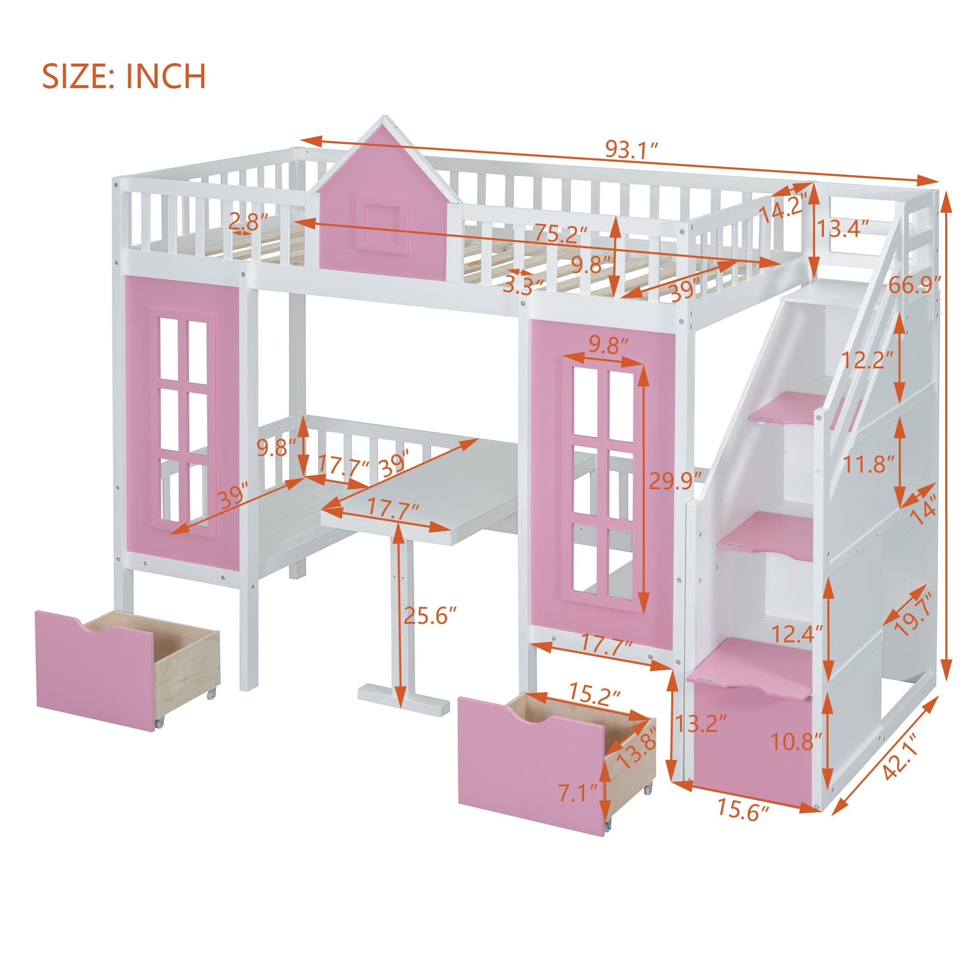Twin Over Twin Bunk Bed With Changeable Table, Bunk Bed Turn Into Upper Bed And Down Desk Pink Twin Pink Solid Wood