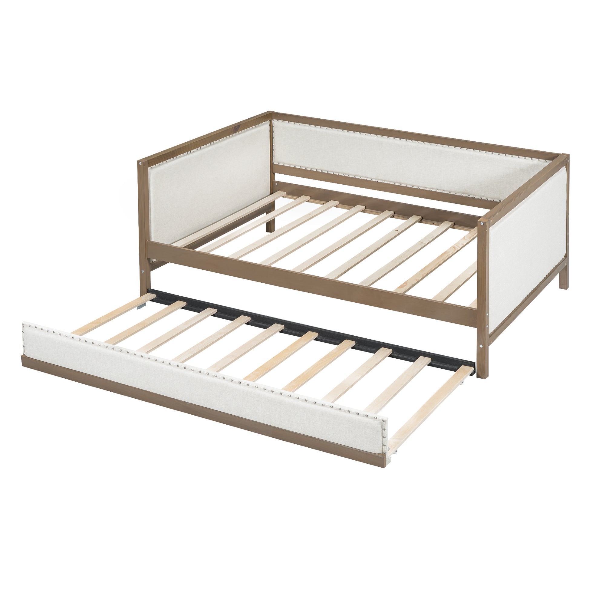 Full Size Upholstered Daybed With Trundle And Decoration, Wood Color Box Spring Not Required Full Wood Wood Daybeds Linen Upholstered