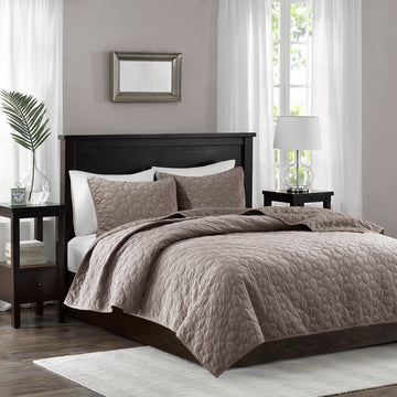 3 Piece Velvet Quilt Set Taupe King Cal King King Taupe Cotton