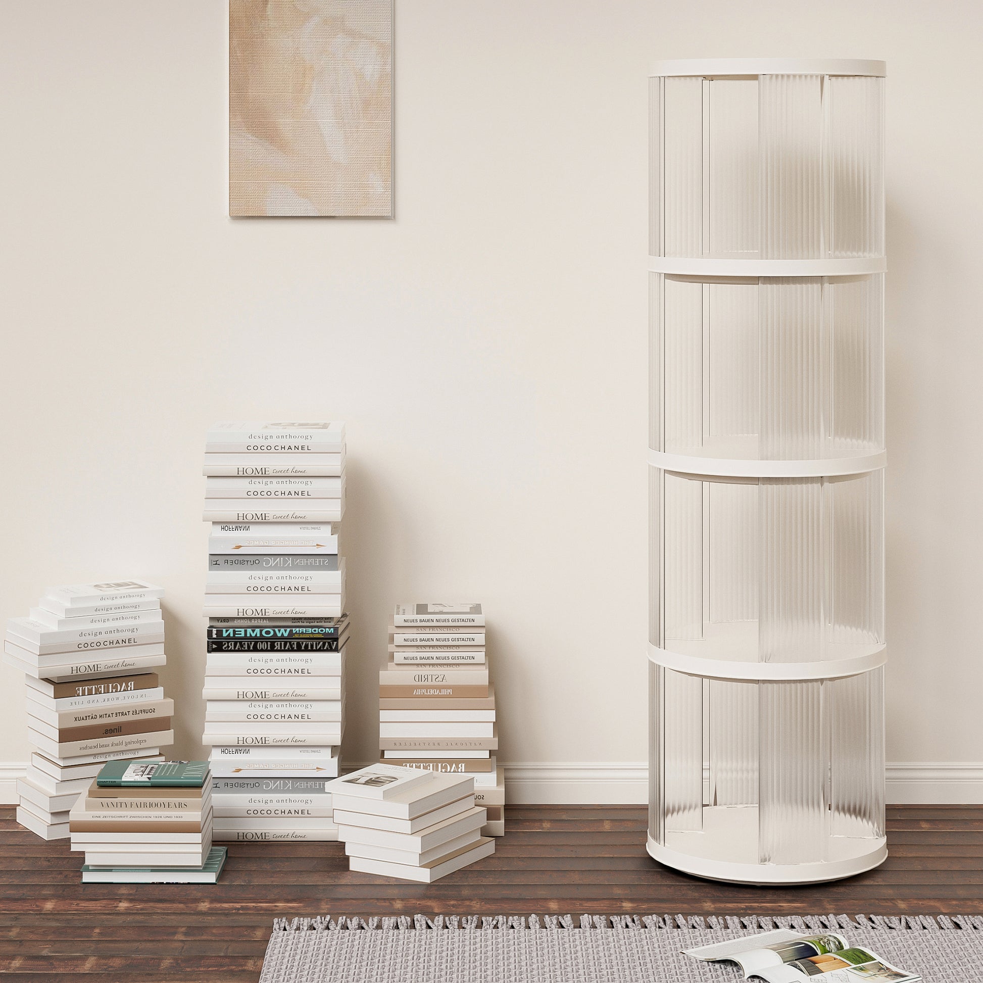 360 Rotating Bookshelf, Small Corner Bookcase With Small Footprint, 4 Tier Floor Standing Bookcasefor Kids&Adults, Narrow Book Shelf Organizer For Bedroom, Living Room, Round, White Cream White Bedroom American Design,Classic Polypropylene Abs,Pet