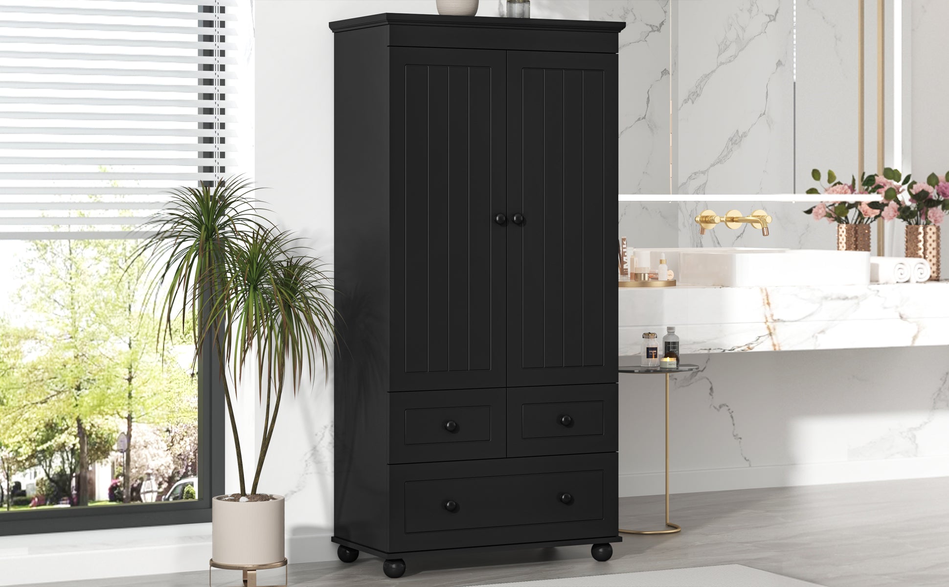 Tall Storage Cabinet With Three Drawers For Bathroom Office, Black Black Mdf