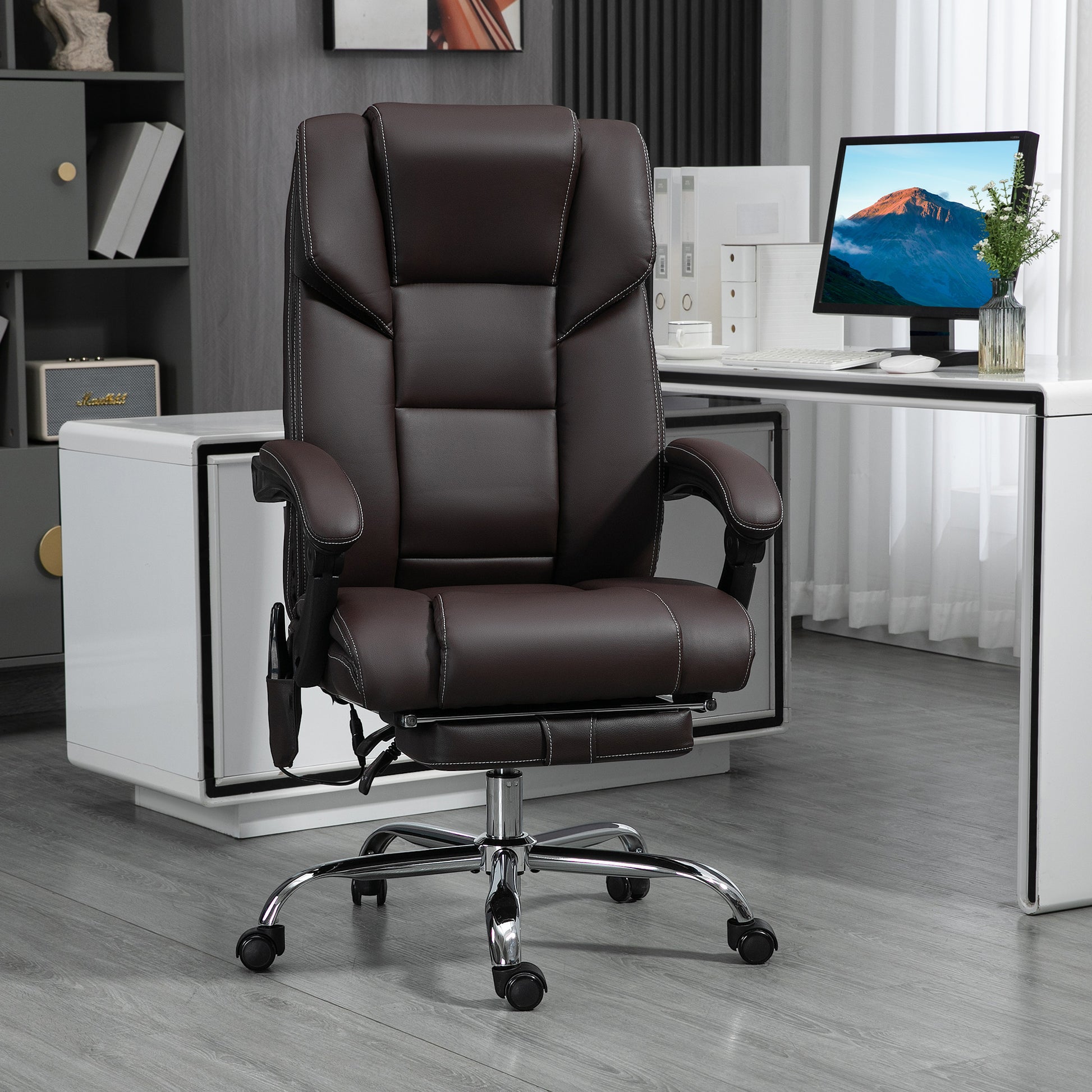 Vinsetto Massage Office Chair With 6 Vibration Points, Lumbar Heated Pu Leather Reclining Computer Chair With Adjustable Height, Footrest, Tilt Function, Brown Brown Pu Leather