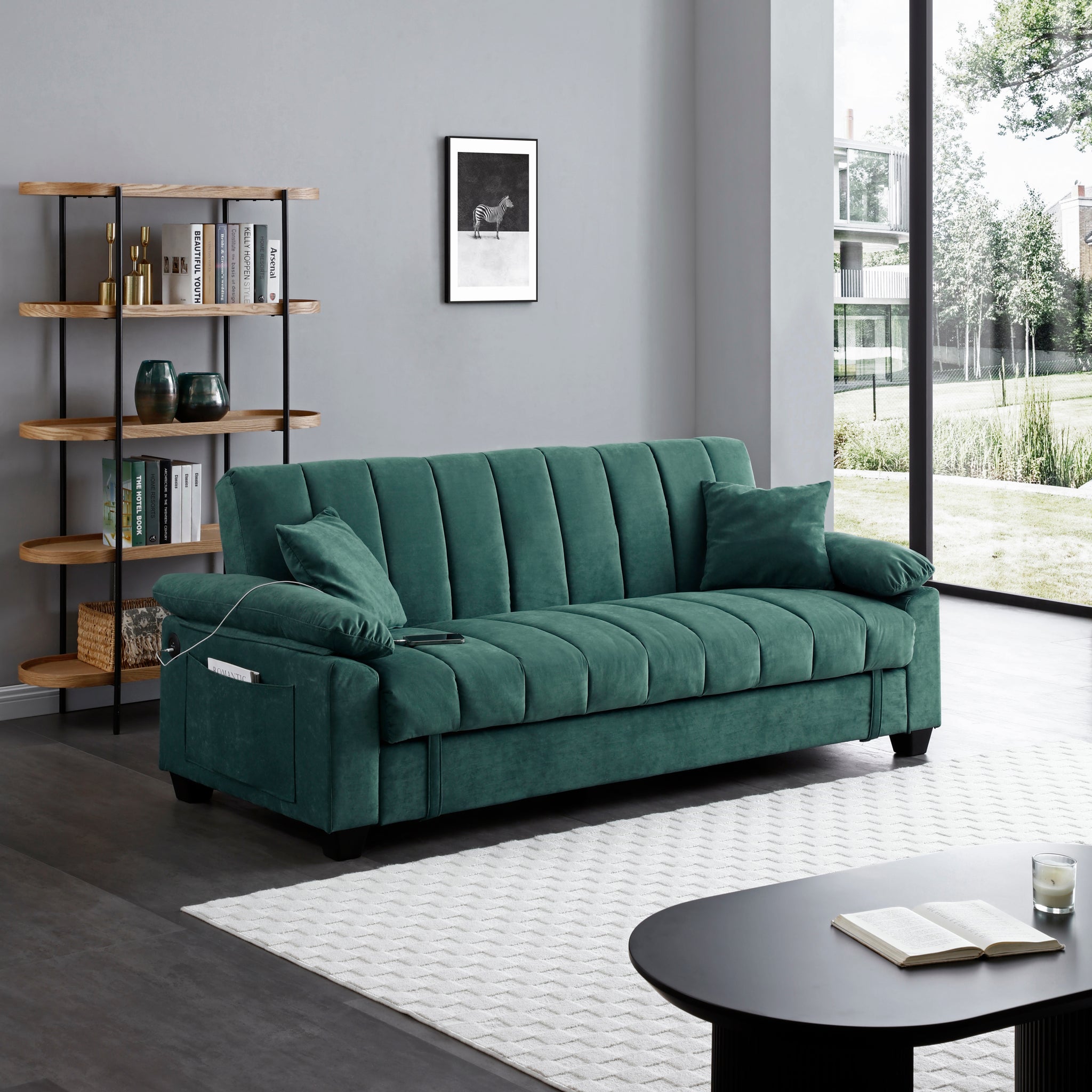 Sofa Bed Sleeper With Storage And One Side Pocket, Usb Charging Port, Swan Velvet Fabric Folding Futon Recliner For Living Room Furniture Apartment Bedroom Office Small Spaces, Green Green Navy Velvet Primary Living Space Medium Soft Modern Rubberwood