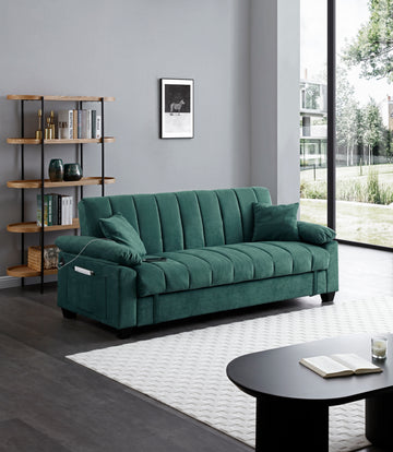 Sofa Bed Sleeper With Storage And One Side Pocket, Usb Charging Port, Swan Velvet Fabric Folding Futon Recliner For Living Room Furniture Apartment Bedroom Office Small Spaces, Green Green Navy Velvet Primary Living Space Medium Soft Modern Rubberwood