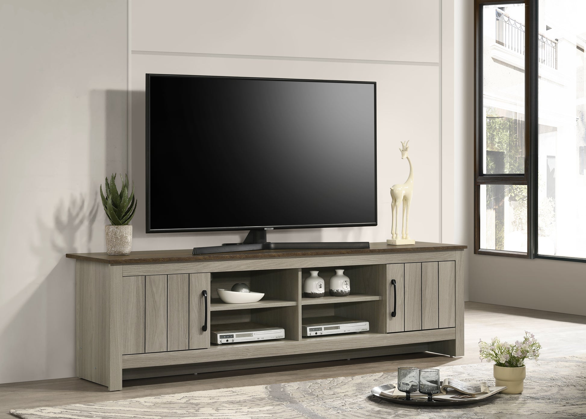 Nyla 68.5"W Gray Oak Tv Stand With Shelves And Cabinet Doors Gray 60 69 Inches Wood