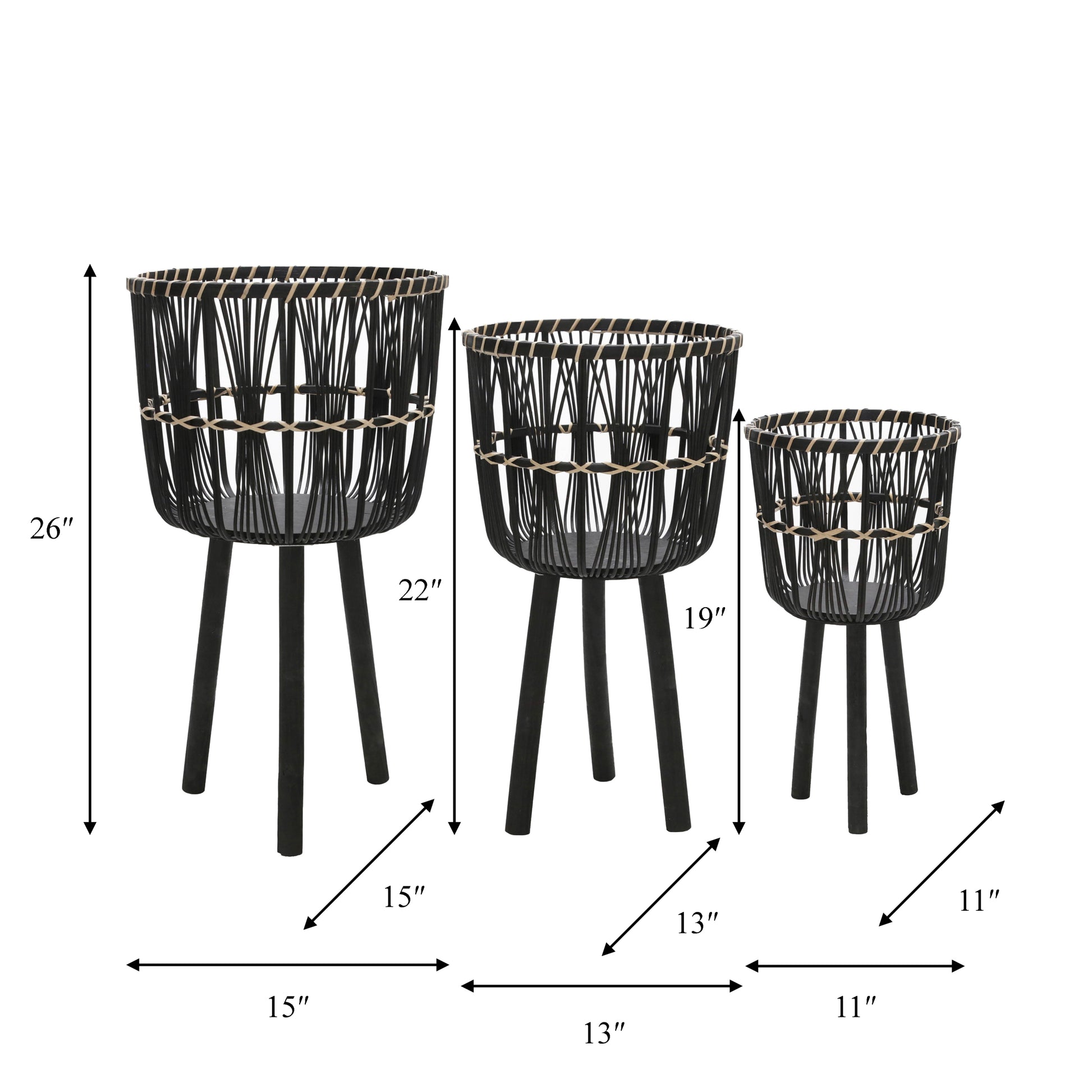 S 3 Bamboo Planters 11 13 15", Black Black Bamboo