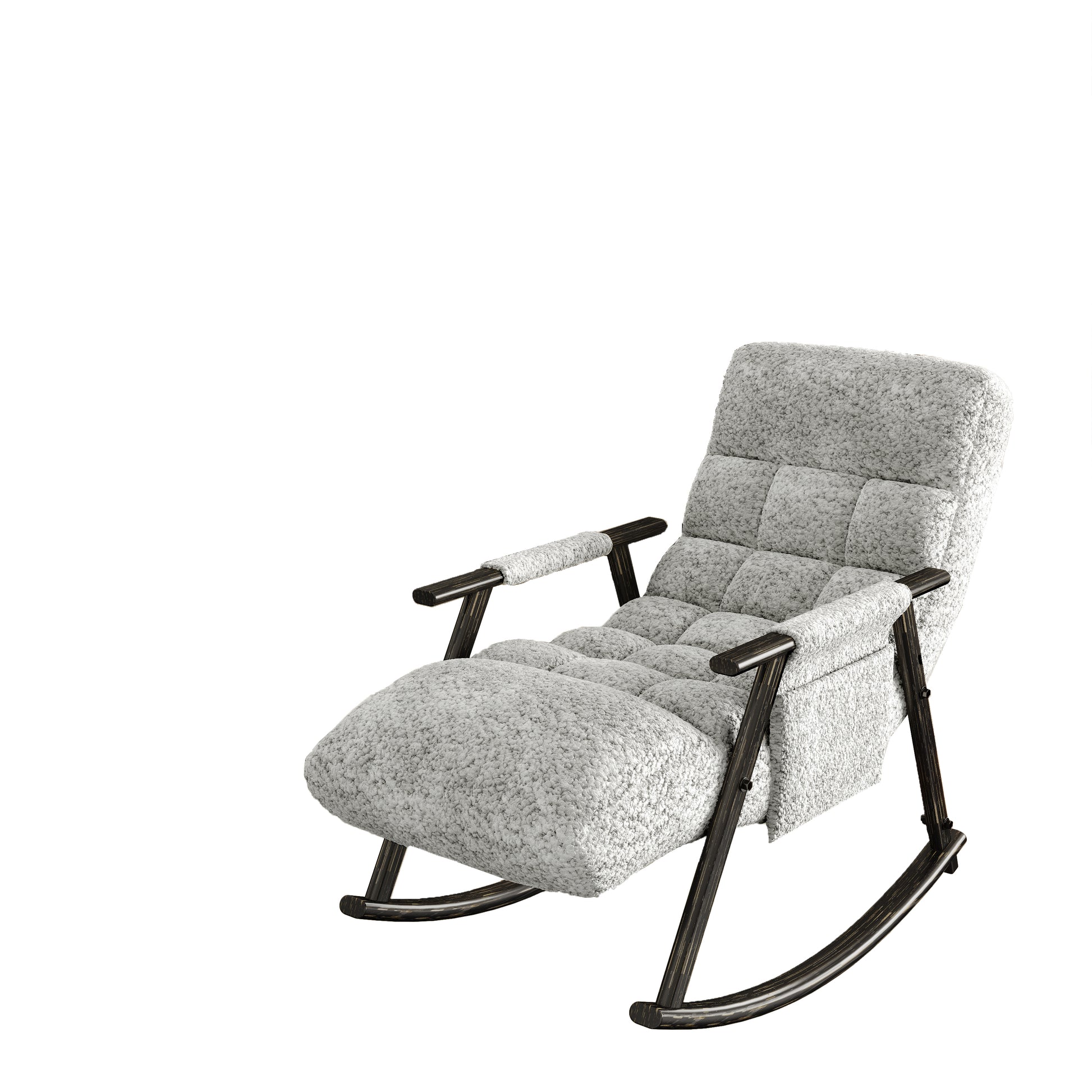 Casual Folding Rocking Chair Upholstered, Lounge Rocking Chair Adjustable High Back And Foot Rest,Side Pockets Placed In Living Room Bedroom Balcony Grey Teddy