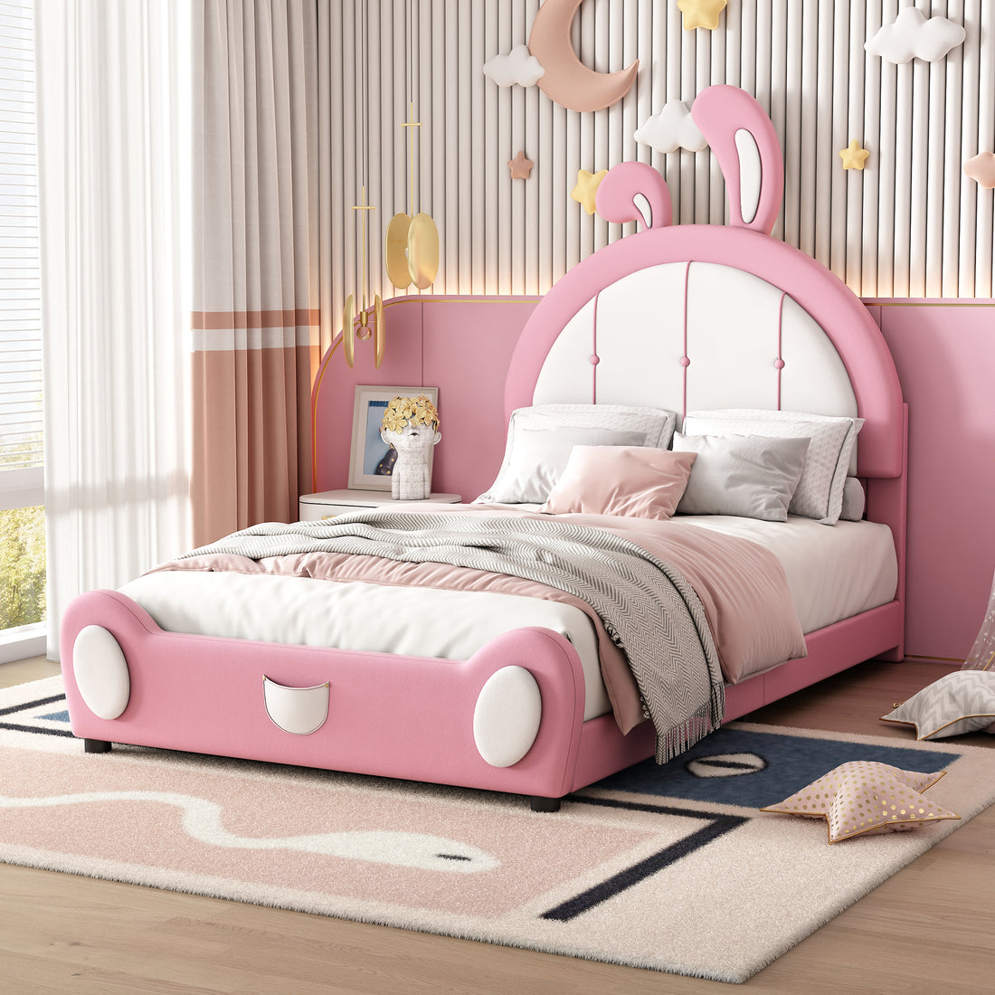 Twin Size Upholstered Platform Bed With Rabbit Shaped Headboard, Pink Box Spring Not Required Twin Pink White Wood Bedroom Bed Frame Faux Leather Upholstered