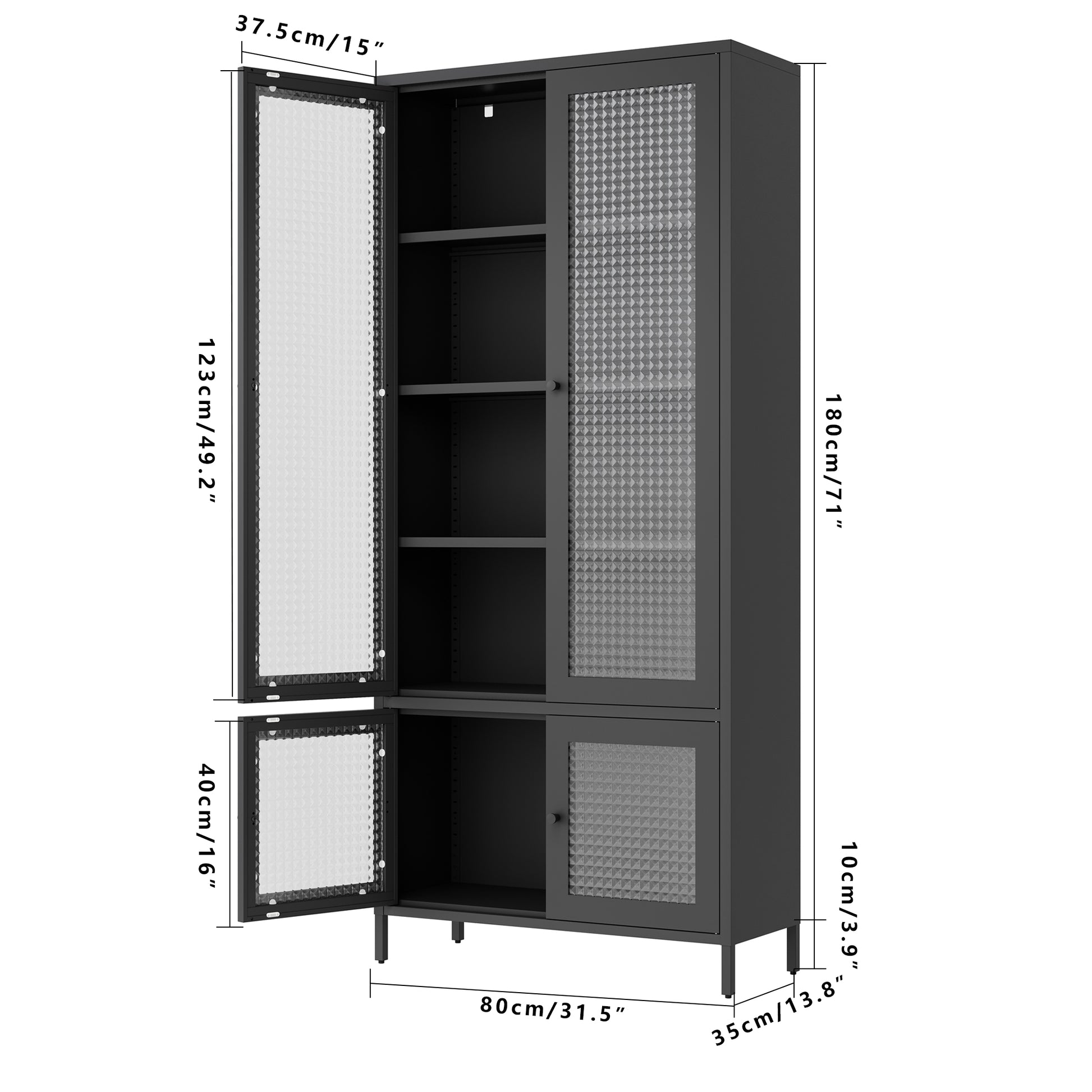 Large Metal Storage Cabinet Display Cabinet With 4 Glass Doors 5 Shelves Side Cabinet Bookcase Freestanding Cabinet For Bedroom Living Room Pantry Home Office Black, Waffle Grids Tempered Glass Freestanding 5 Or More Spaces Black Office Glass Doors