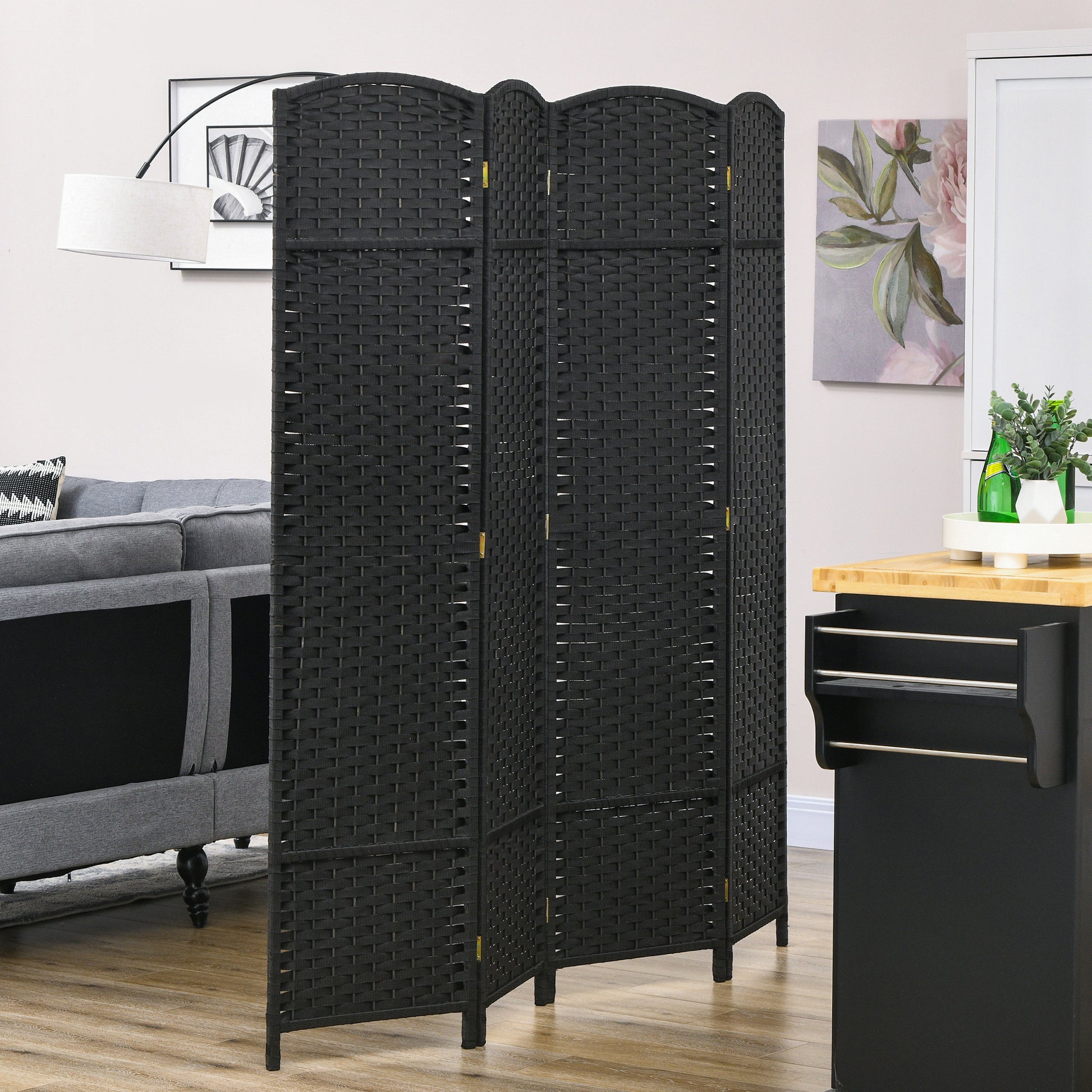 Homcom Room Divider, 4 Panel Folding Privacy Screen, 5.6' Tall Freestanding Partition For Home Office, Bedroom, Black Black Polypropylene