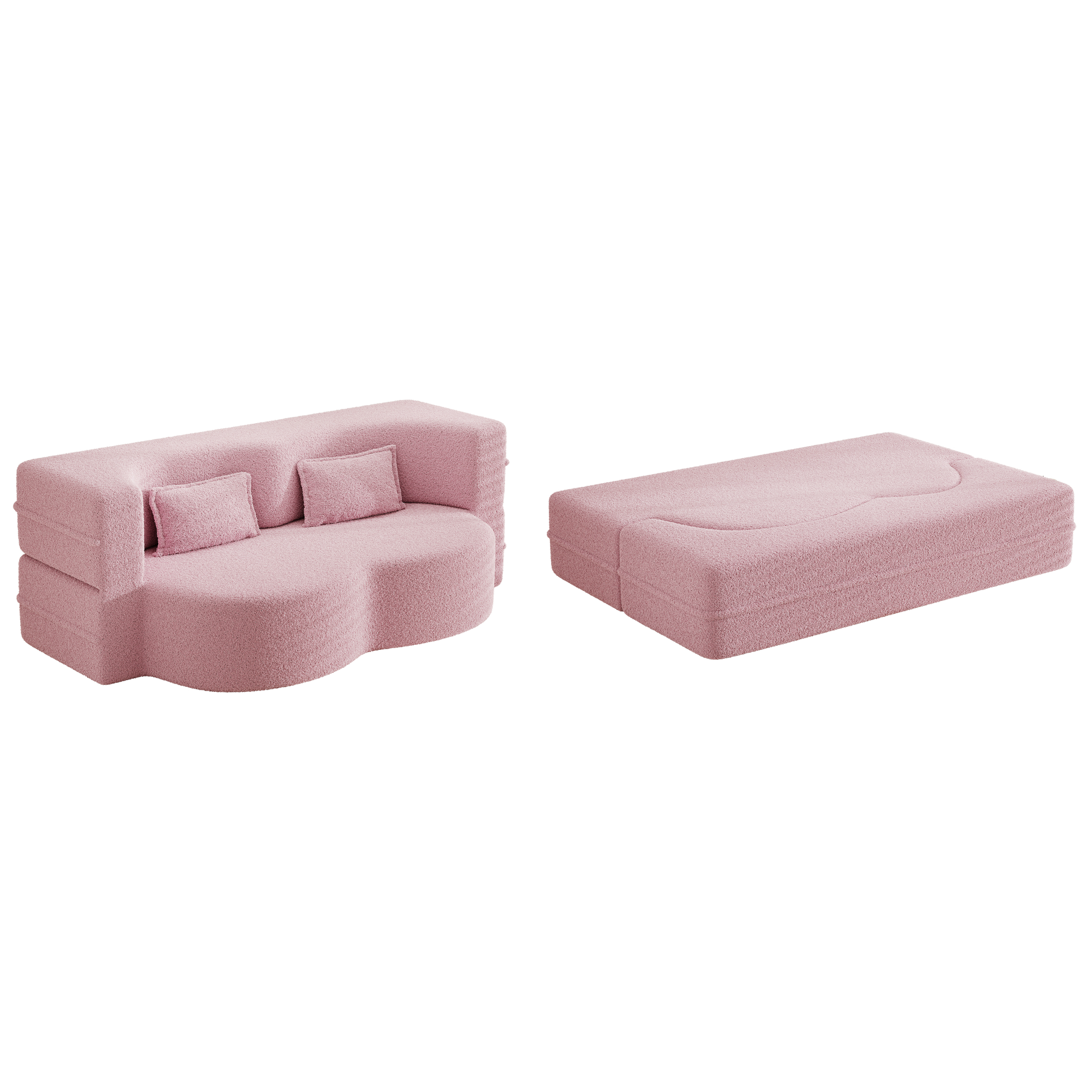 Modern Floor Sofa With 2 Pillows,Convertible Teddy Fabric Foam Filled Sleeper Sofa Bed,15" Full Size Folding Mattress For Living Room,Guest Bed,Playroom,No Assembly Required,Pink Old