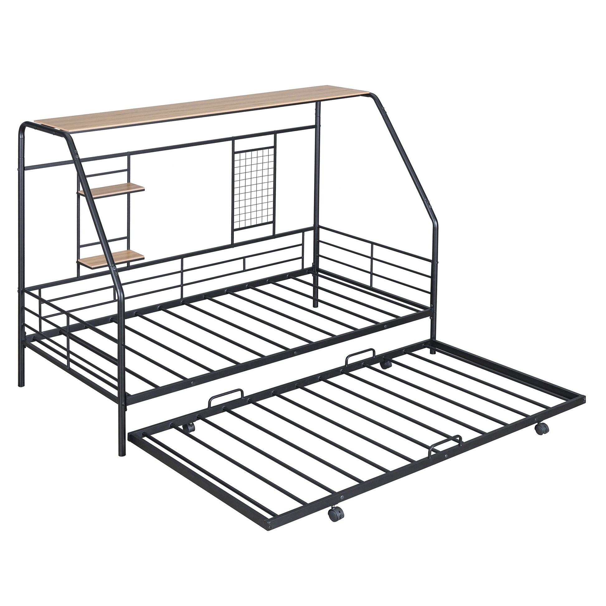 Twin Size Metal House Bed With Trundle, Black Twin Black Metal