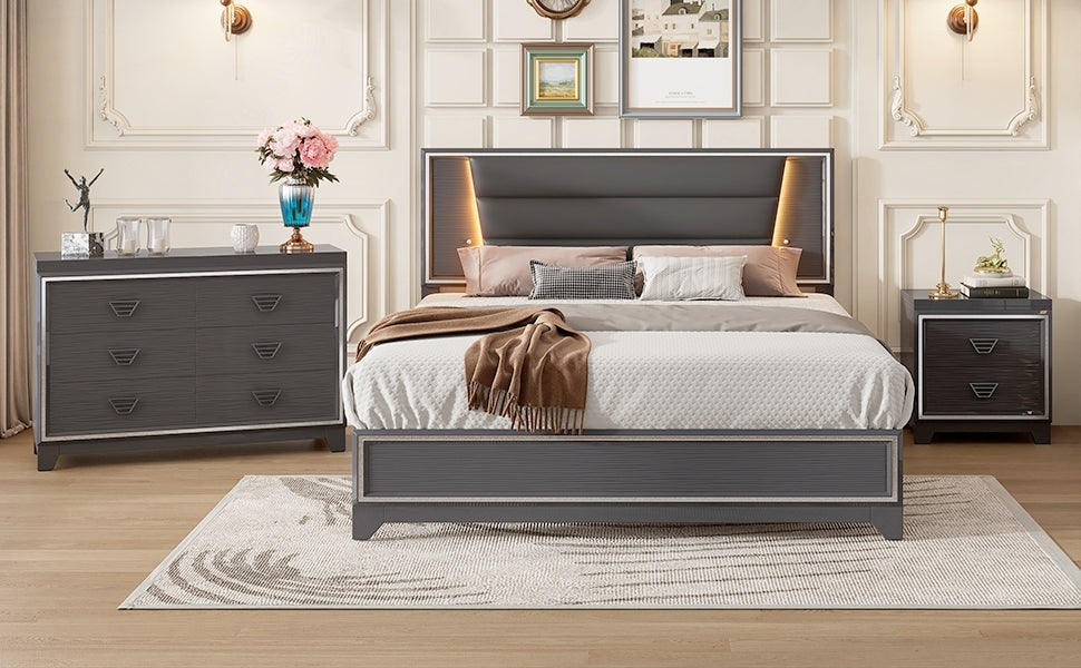 3 Pieces Bedroom Sets Queen Size Upholstered Bed With Led Lights, Nightstands And Dresser With Metal Handles And Sparkling Shiny Decoration, Black Expected Arrival Time:8.5 Queen Black 3 Piece Set Mdf Metal