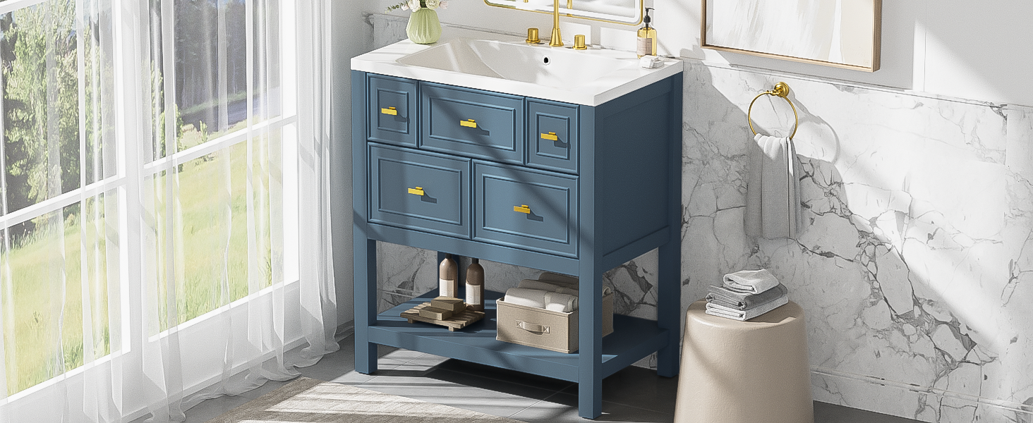 30'' Bathroom Vanity With Resin Sink Combo, Free Standing Single Vanity Set With 5 Drawers, Solid Wood Frame Bathroom Storage Cabinet, Blue 4 Blue 1 Bathroom Freestanding Modern Solid Wood Mdf Resin Painted