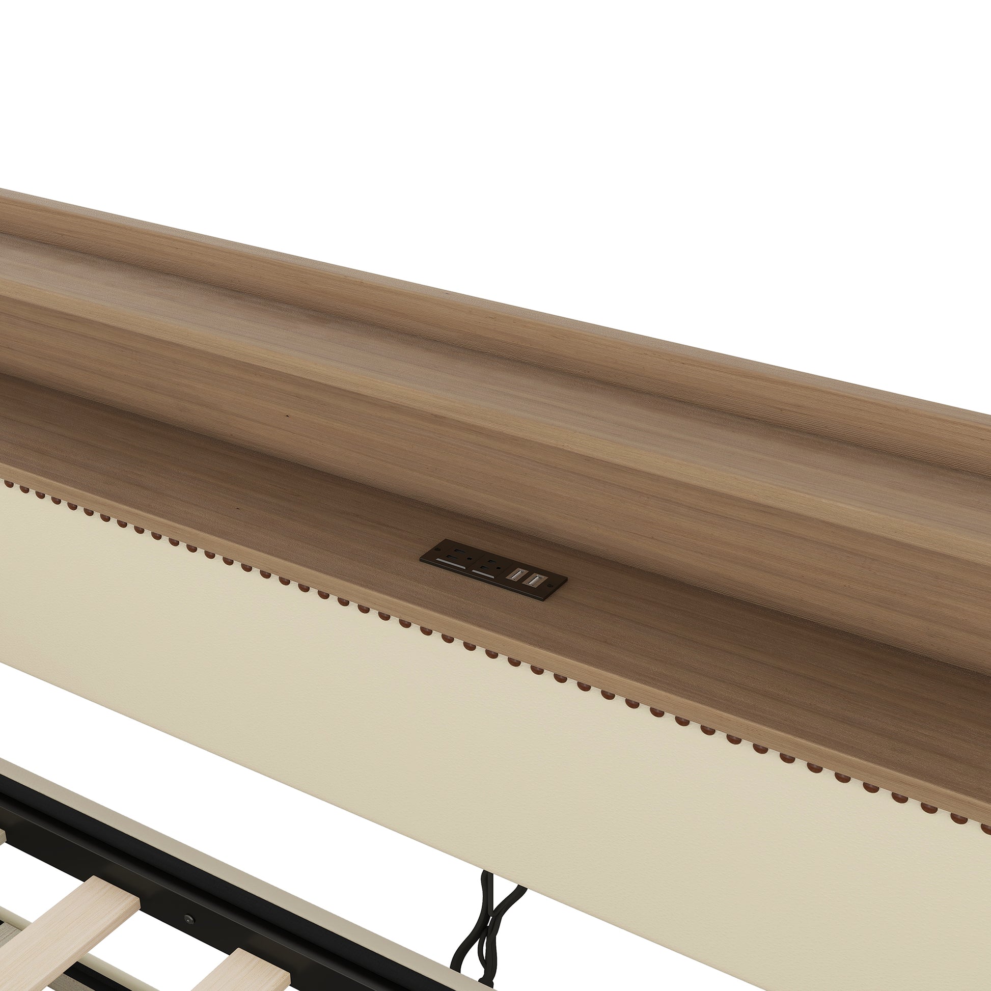 Twin Size Daybed With Trundle, Upholstered Daybed With Charging Station And Led Lights, Beige Twin Beige Pu Leather