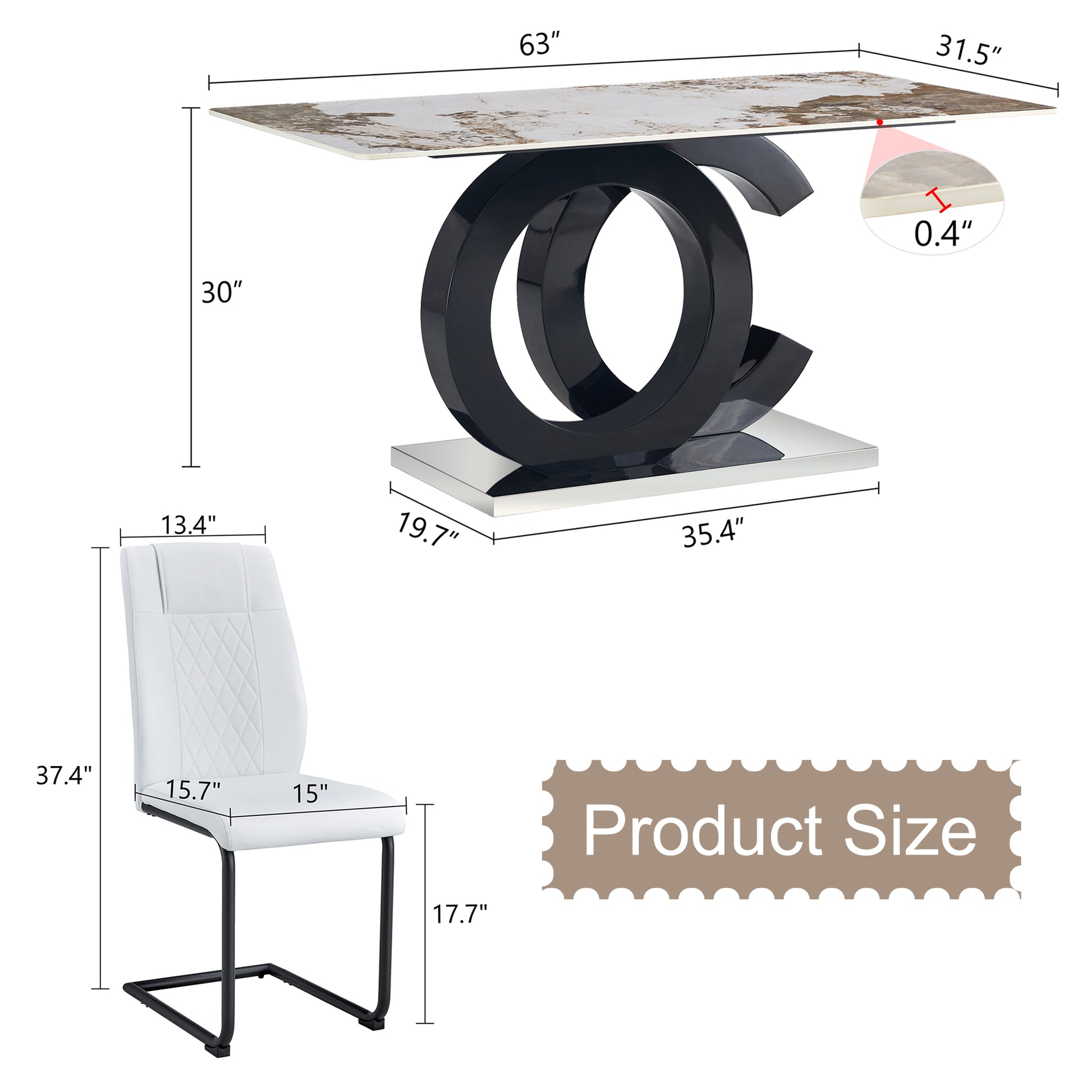 Table And Chair Set.63"X31.5" Marble Pattern Sintered Stone Table With Mdf Oc Shaped Bracket.Paired With 4 White Pu Chairs With Black Metal Legs.Suitable For Kitchen,Dining Room,Etc. White Black