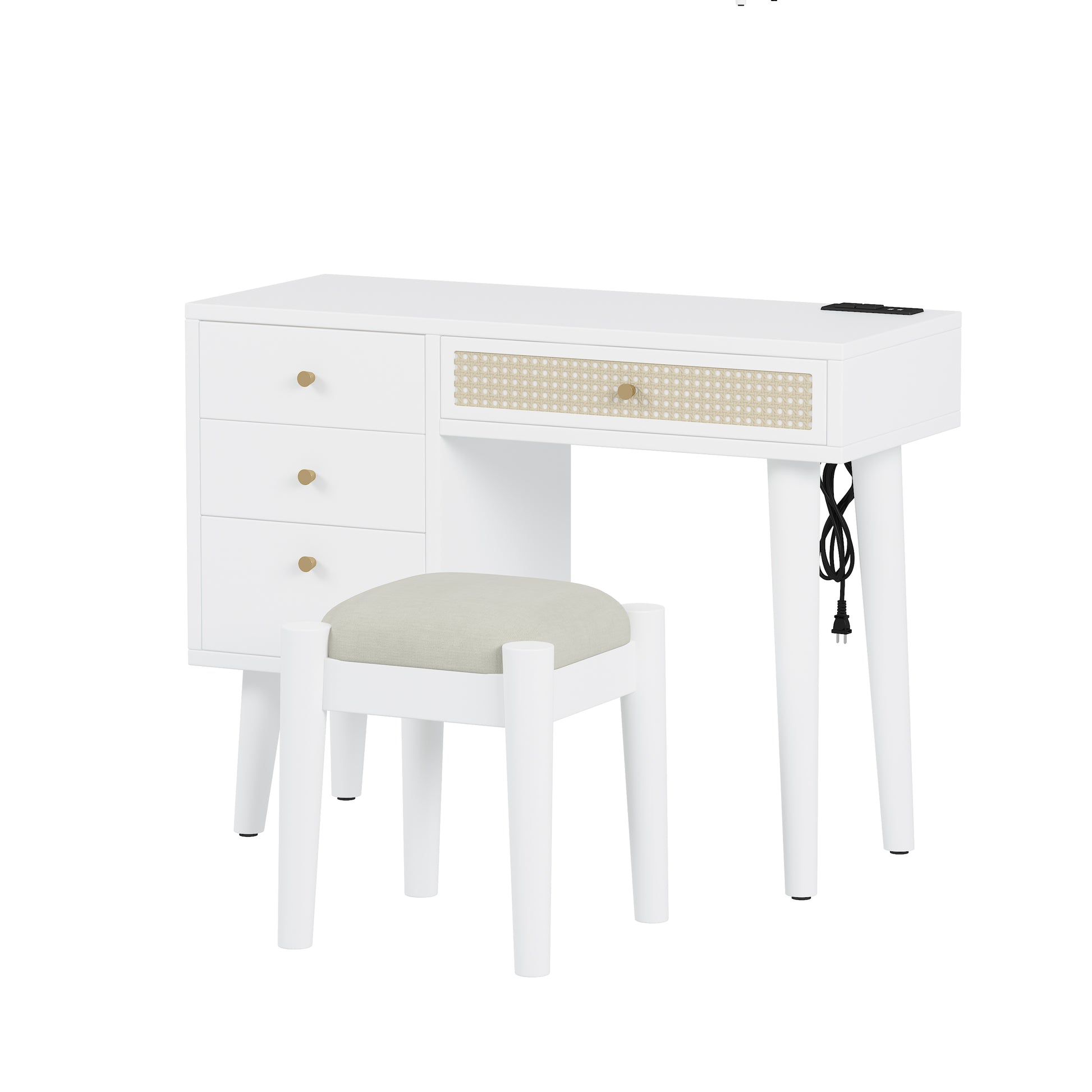 39" Retro Bohemian Style Wooden Makeup Vanity Set With Charging Plug&Usb Port And Stool, Dressing Table With 3 Storage Drawers And 1 Rectangular Rattan Drawer, White White 4 Drawers Wood