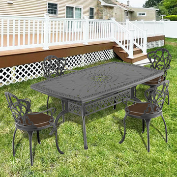 Cushions In Random Colors 5 Piece Set Of Cast Aluminum Patio Furniture With Cushions Yes Dining Set Black Seats 4 Rust Resistant Frame Water Resistant Cushion Garden & Outdoor Complete Patio Sets Aluminium